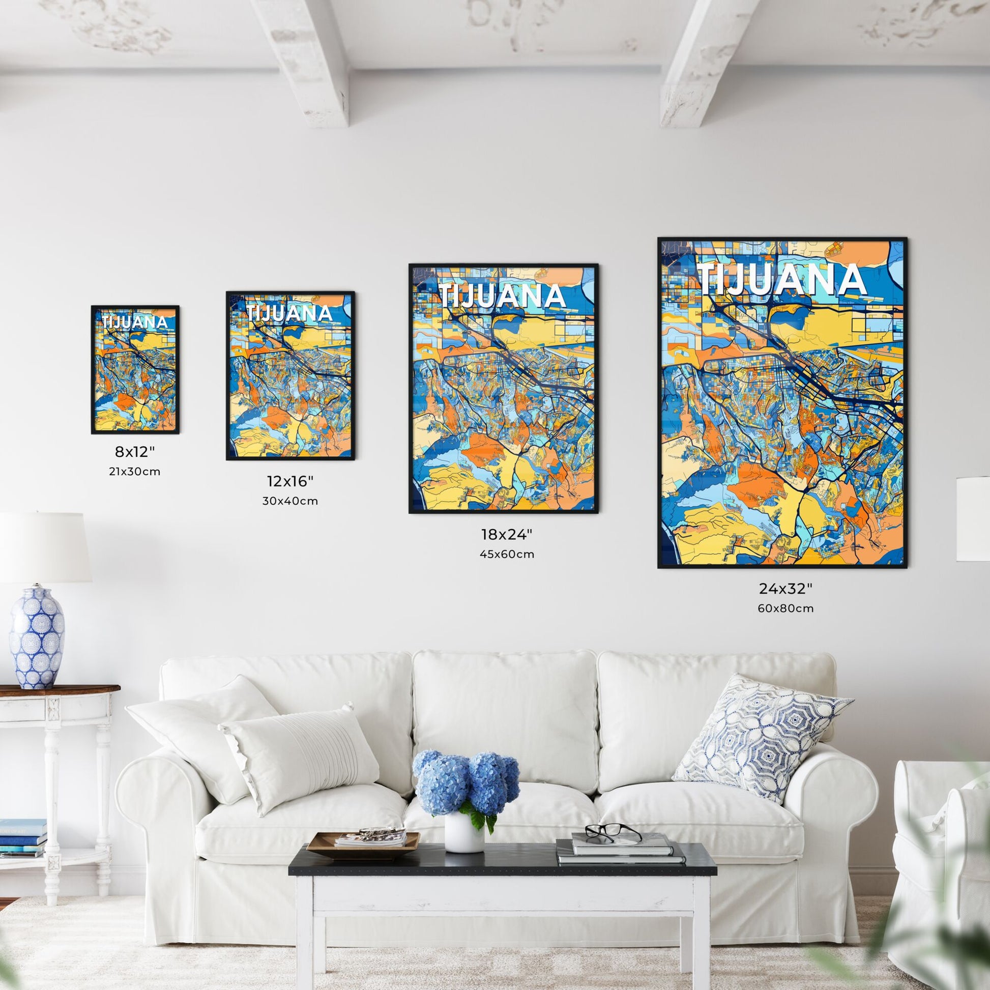 TIJUANA MEXICO Vibrant Colorful Art Map Poster Blue Orange