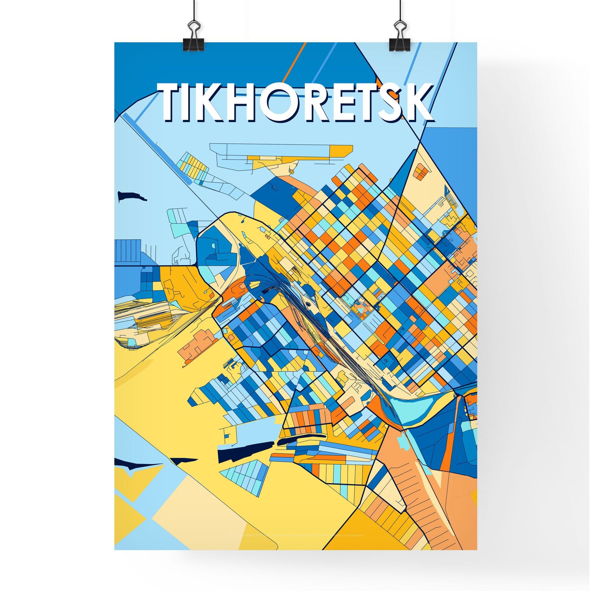 TIKHORETSK RUSSIA Vibrant Colorful Art Map Poster Blue Orange