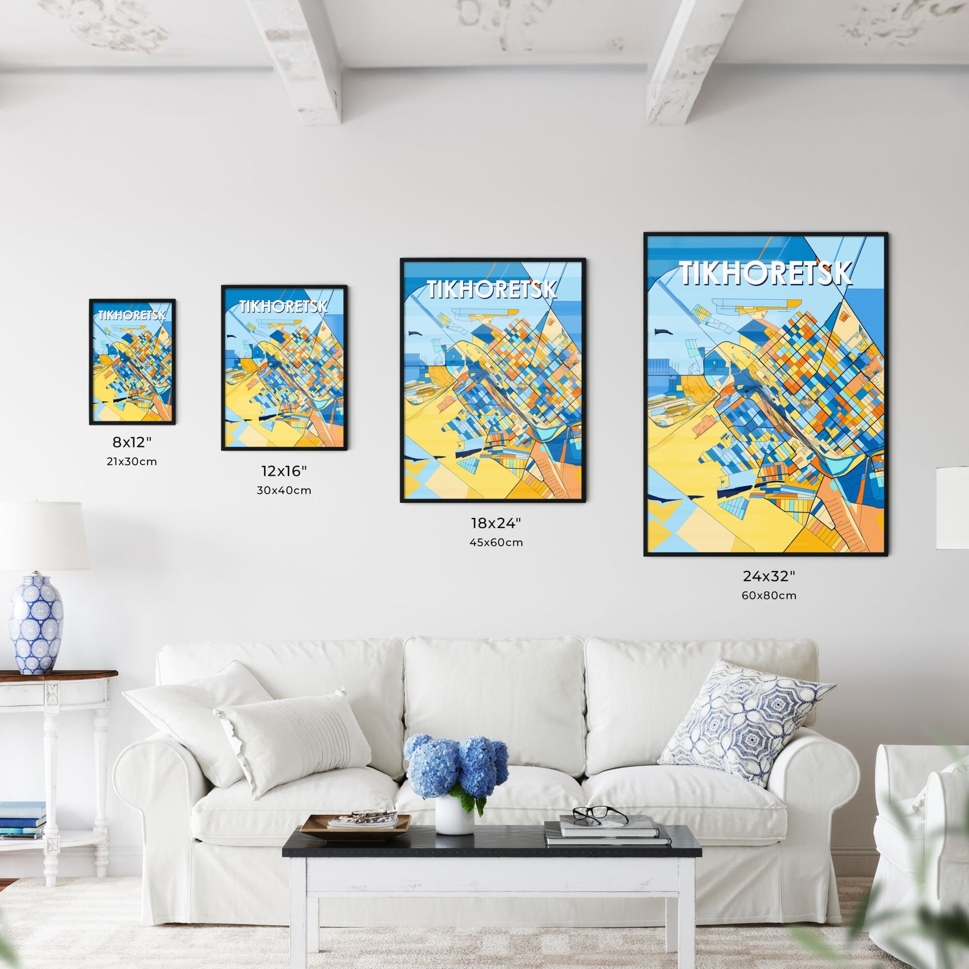 TIKHORETSK RUSSIA Vibrant Colorful Art Map Poster Blue Orange