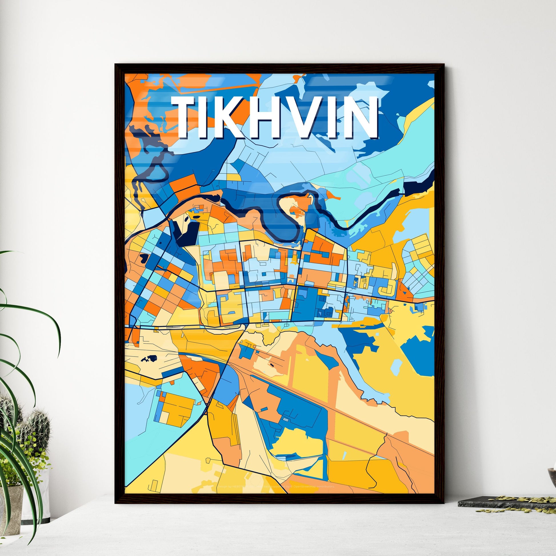 TIKHVIN RUSSIA Vibrant Colorful Art Map Poster Blue Orange