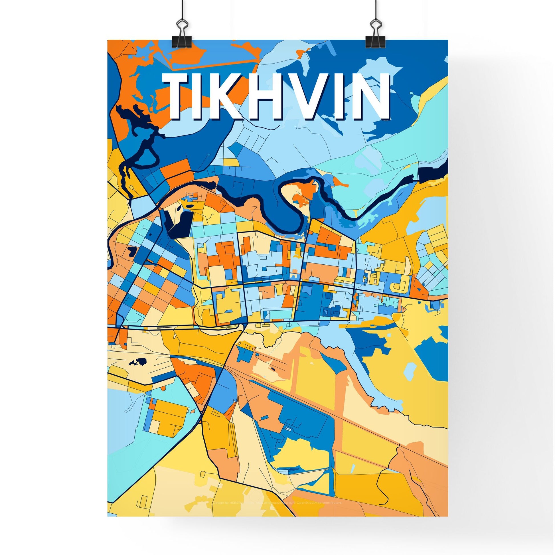 TIKHVIN RUSSIA Vibrant Colorful Art Map Poster Blue Orange