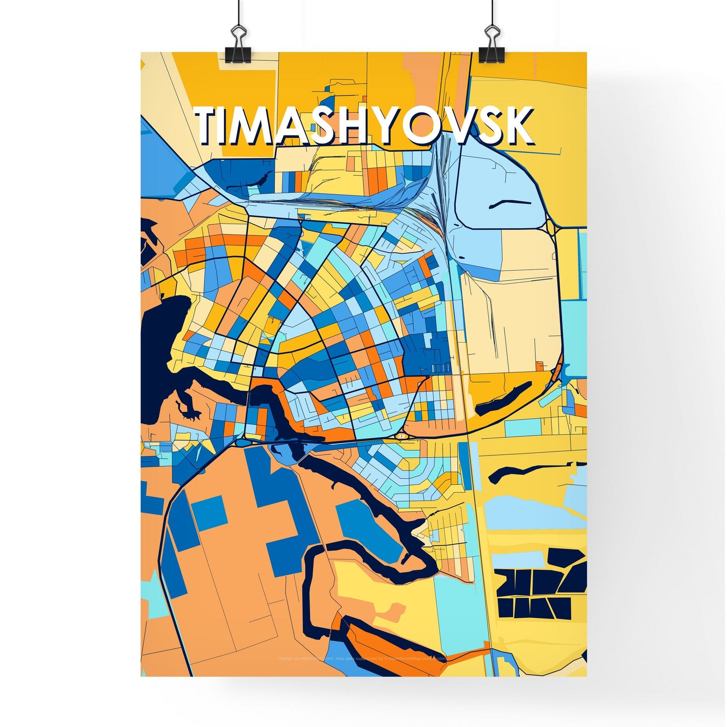 TIMASHYOVSK RUSSIA Vibrant Colorful Art Map Poster Blue Orange