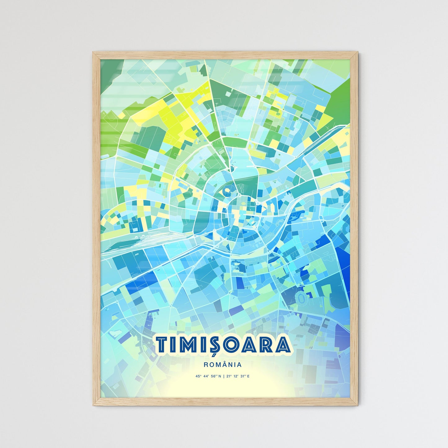 Colorful Timișoara Romania Fine Art Map Cool Blue