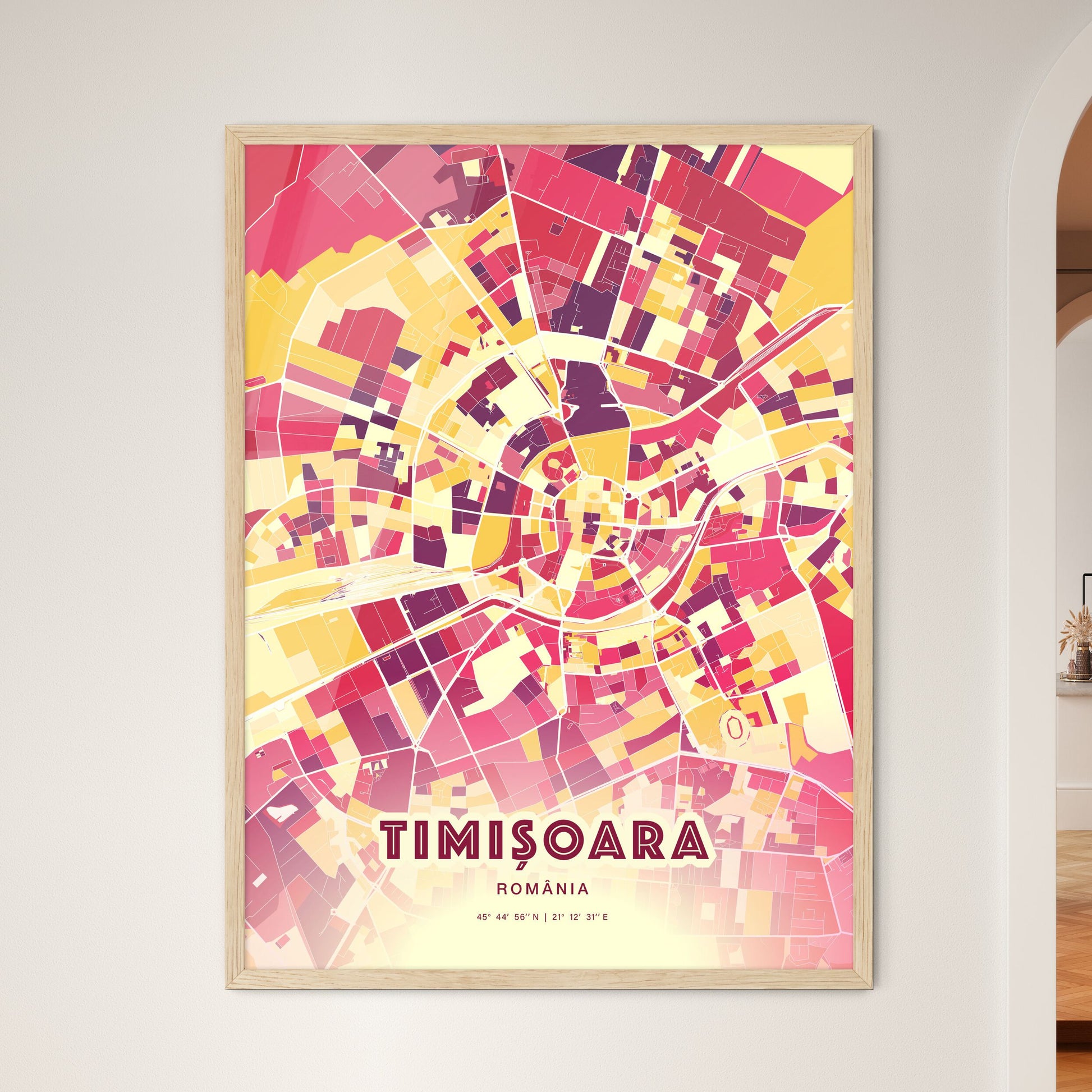 Colorful Timișoara Romania Fine Art Map Hot Red