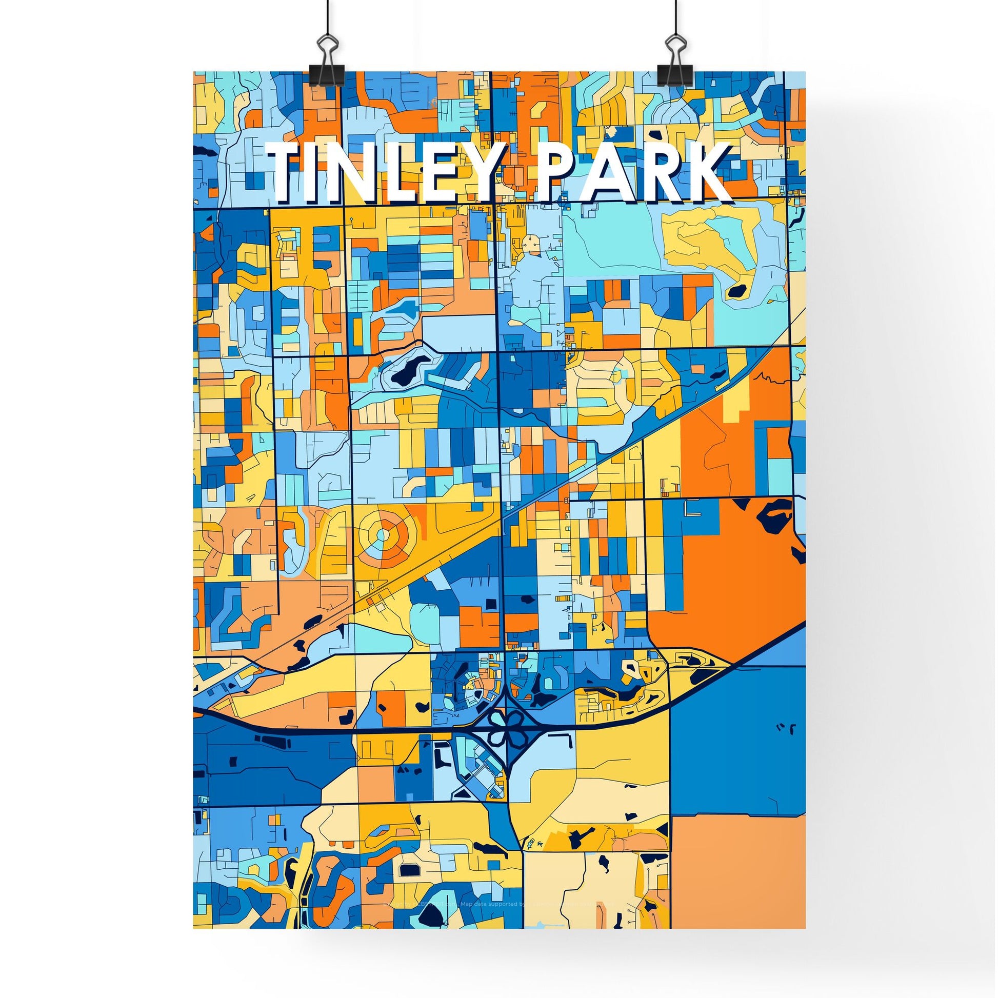 TINLEY PARK ILLINOIS Vibrant Colorful Art Map Poster Blue Orange