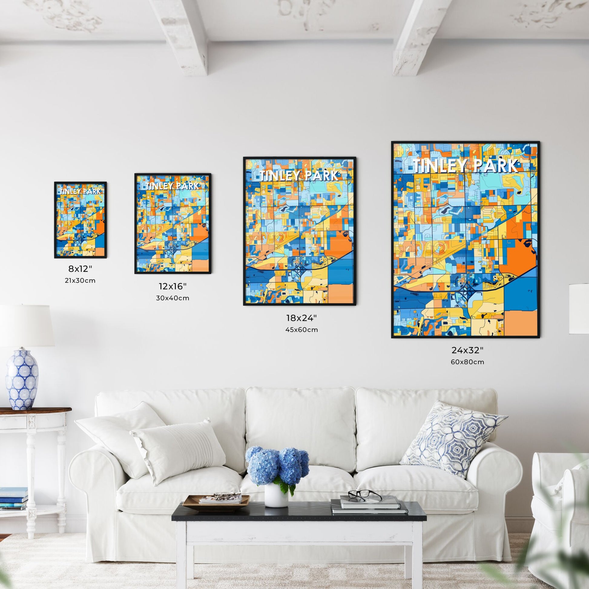 TINLEY PARK ILLINOIS Vibrant Colorful Art Map Poster Blue Orange