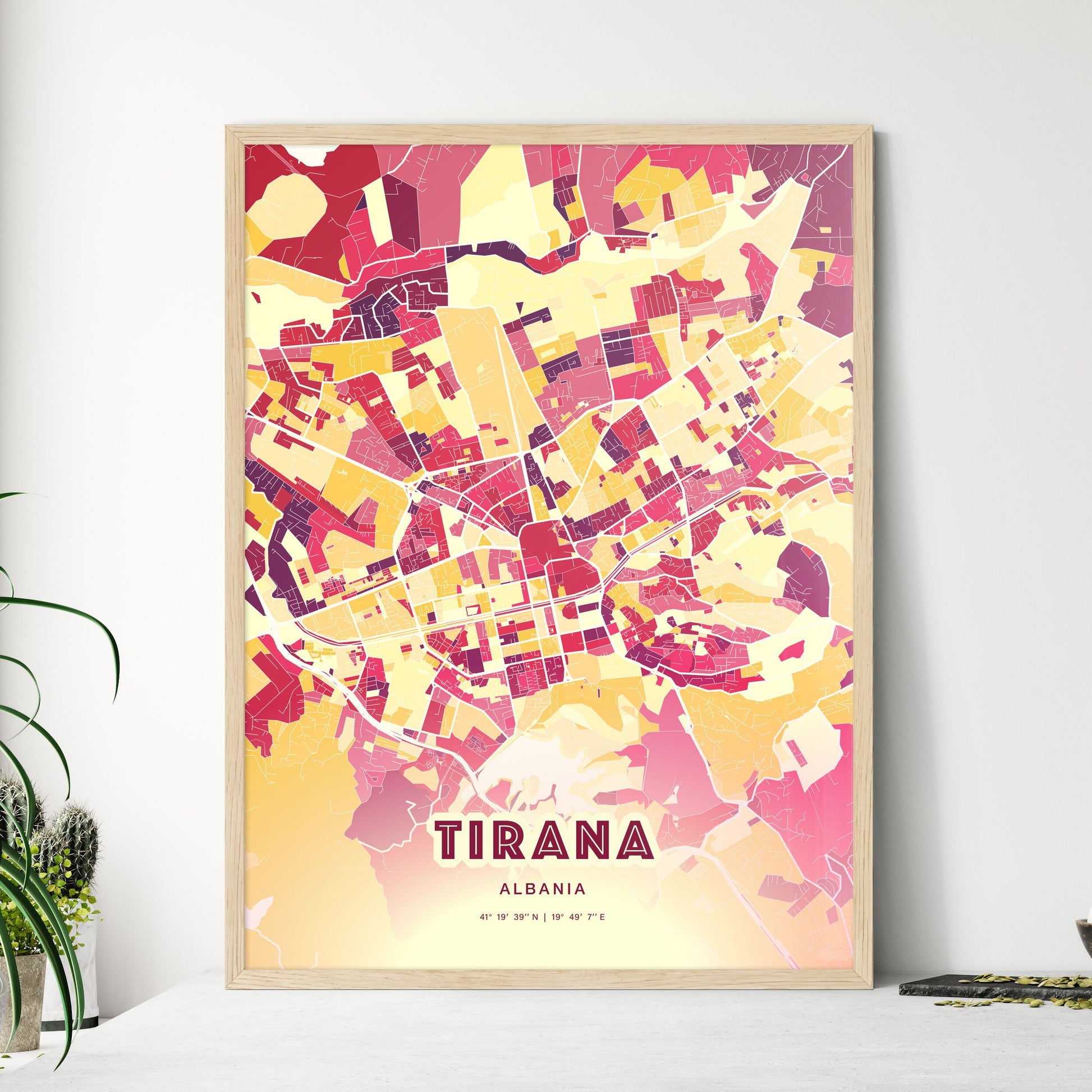 Colorful Tirana Albania Fine Art Map Hot Red