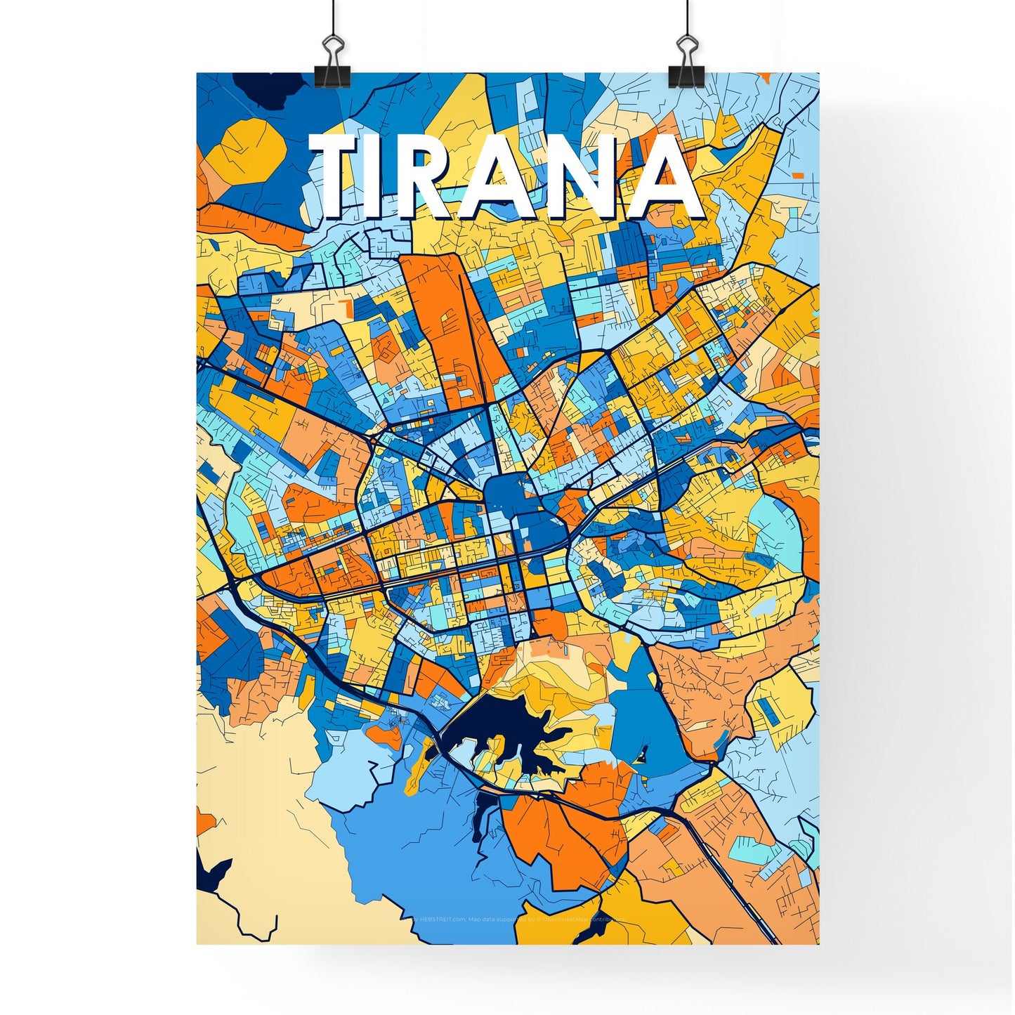 TIRANA ALBANIA Vibrant Colorful Art Map Poster Blue Orange