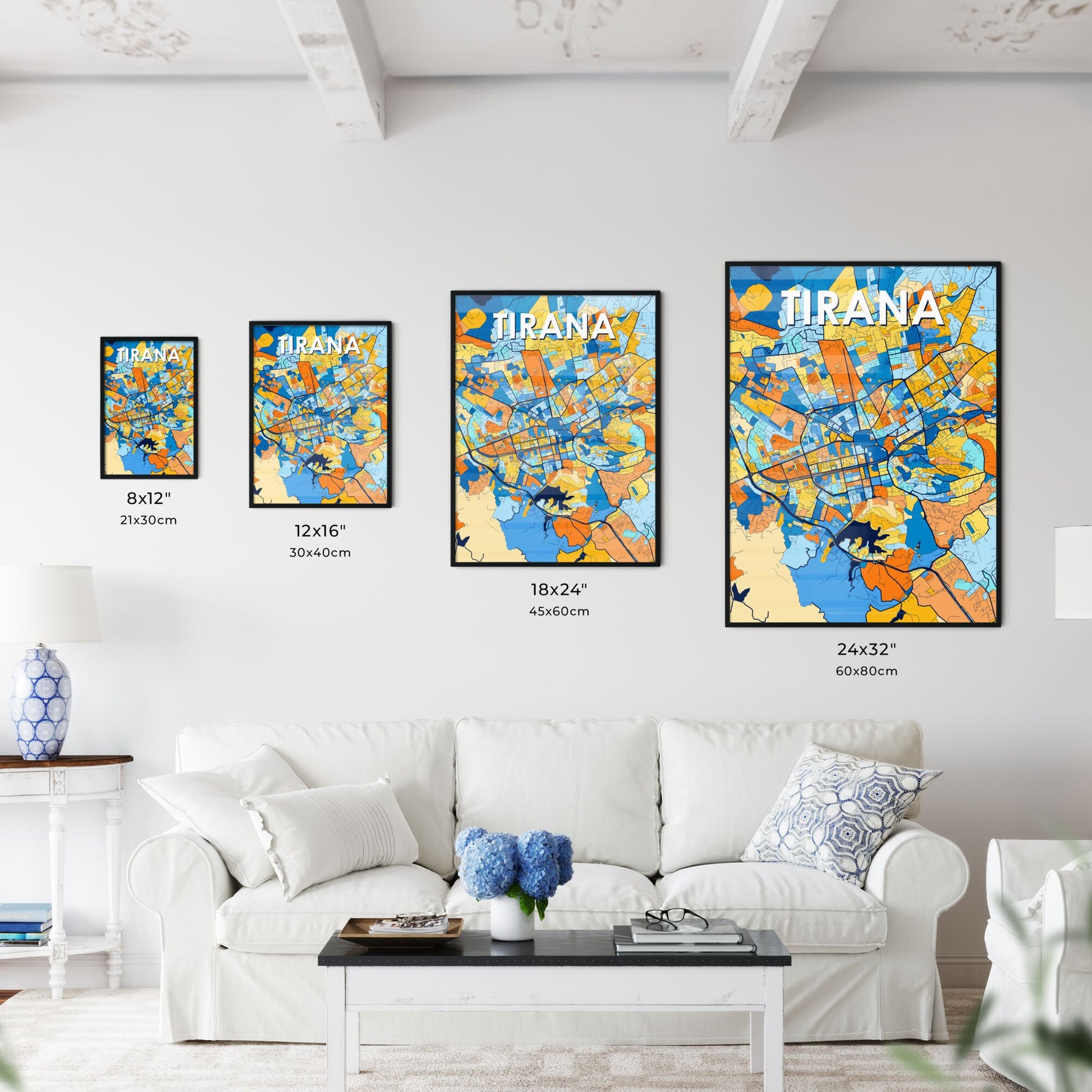 TIRANA ALBANIA Vibrant Colorful Art Map Poster Blue Orange