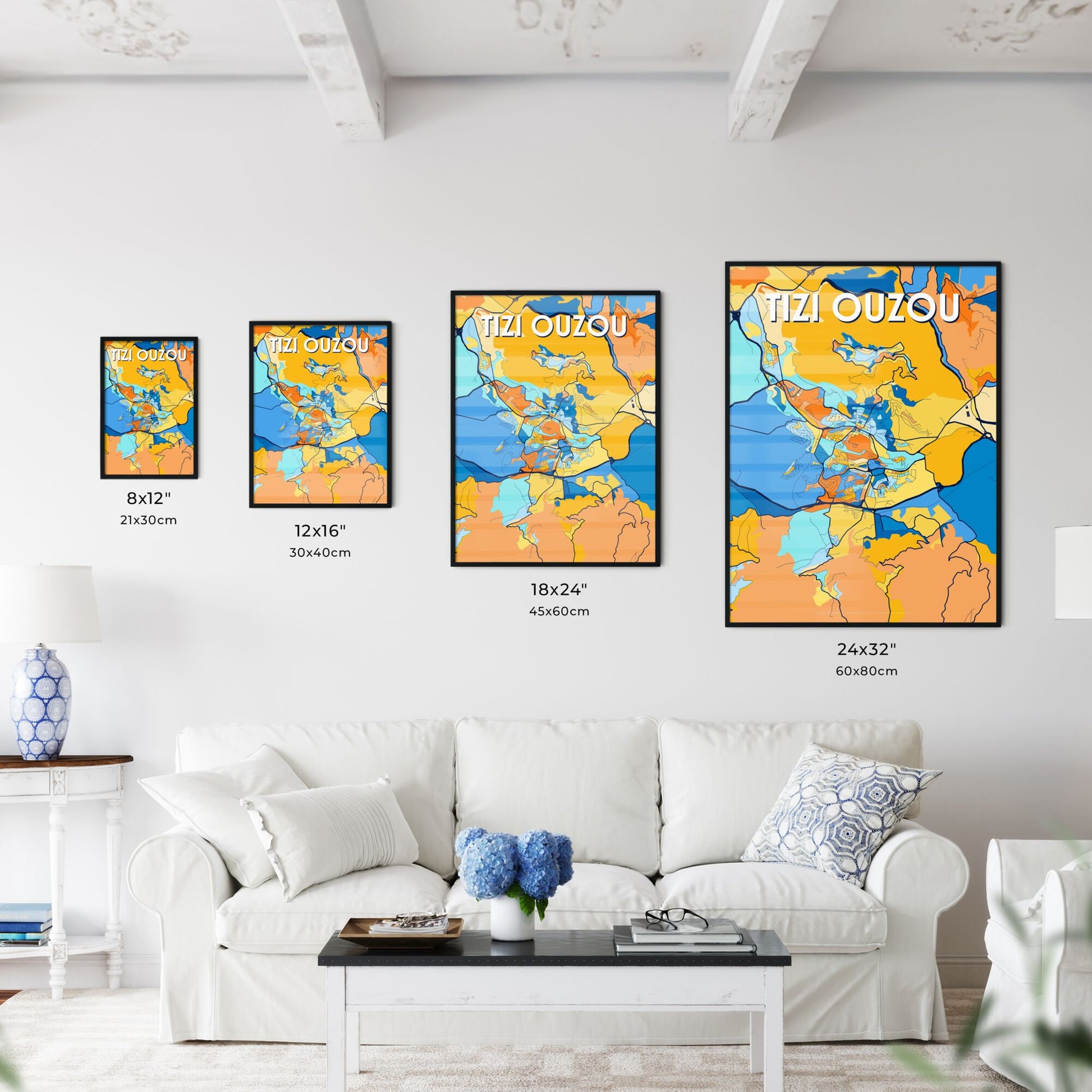 TIZI OUZOU ALGERIA Vibrant Colorful Art Map Poster Blue Orange