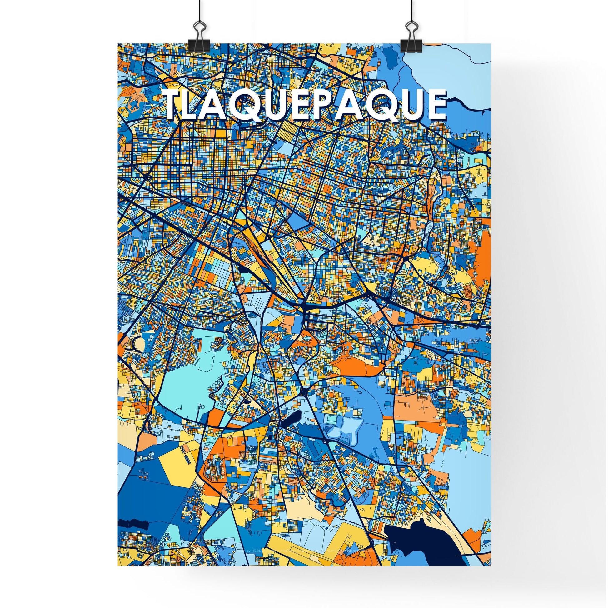 TLAQUEPAQUE MEXICO Vibrant Colorful Art Map Poster Blue Orange