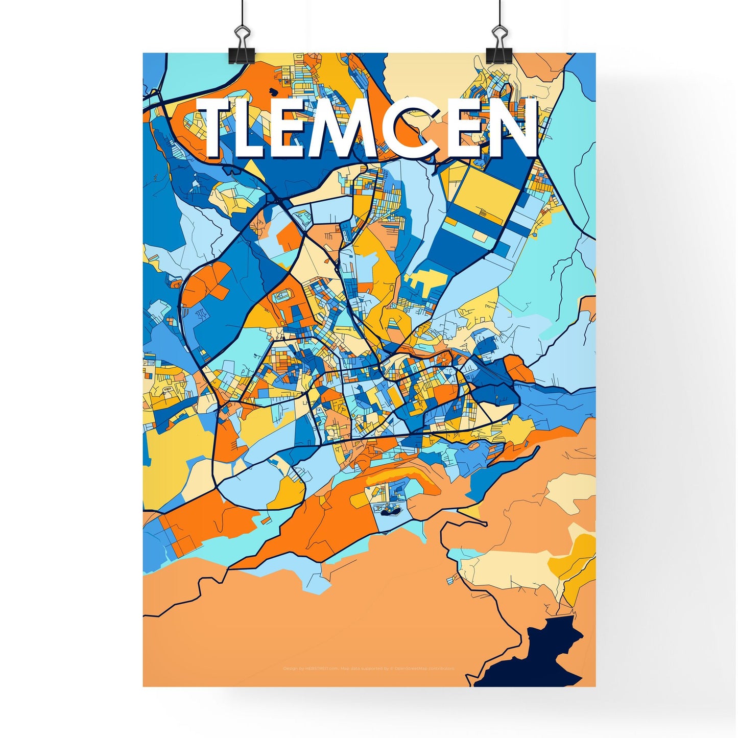 TLEMCEN ALGERIA Vibrant Colorful Art Map Poster Blue Orange