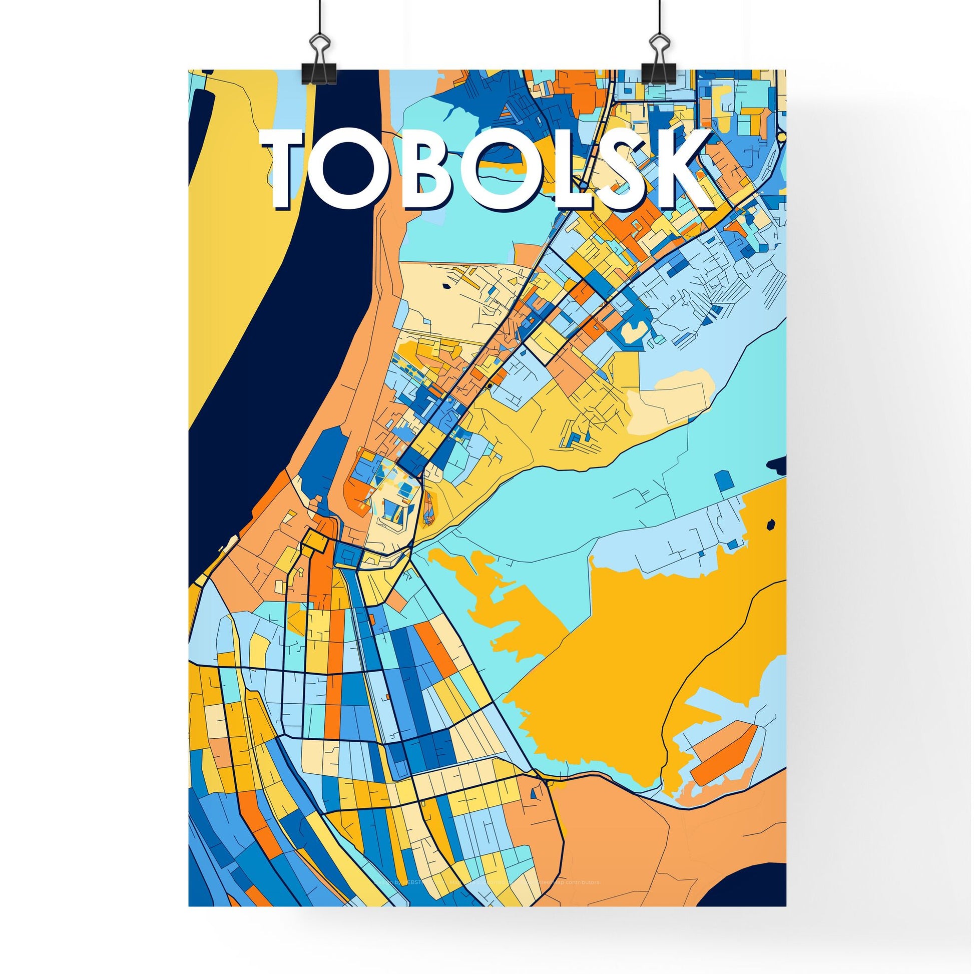 TOBOLSK RUSSIA Vibrant Colorful Art Map Poster Blue Orange