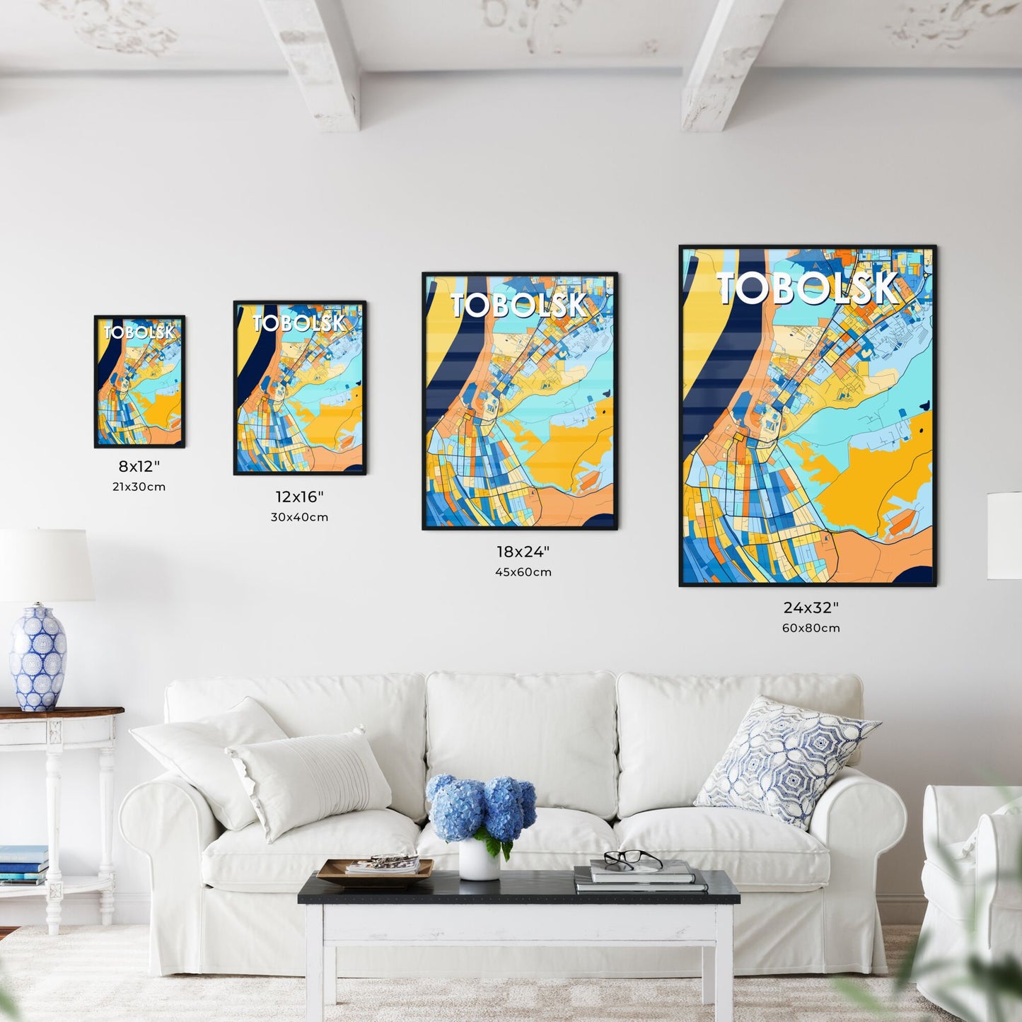 TOBOLSK RUSSIA Vibrant Colorful Art Map Poster Blue Orange