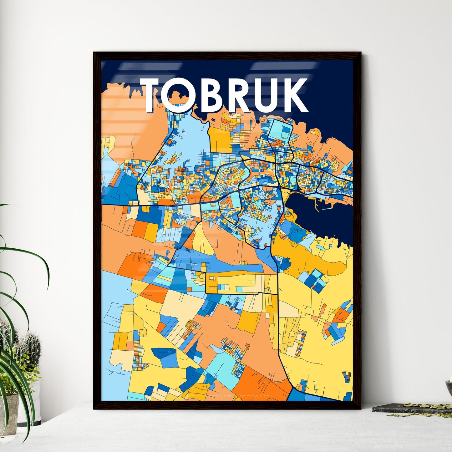 TOBRUK LIBYA Vibrant Colorful Art Map Poster Blue Orange