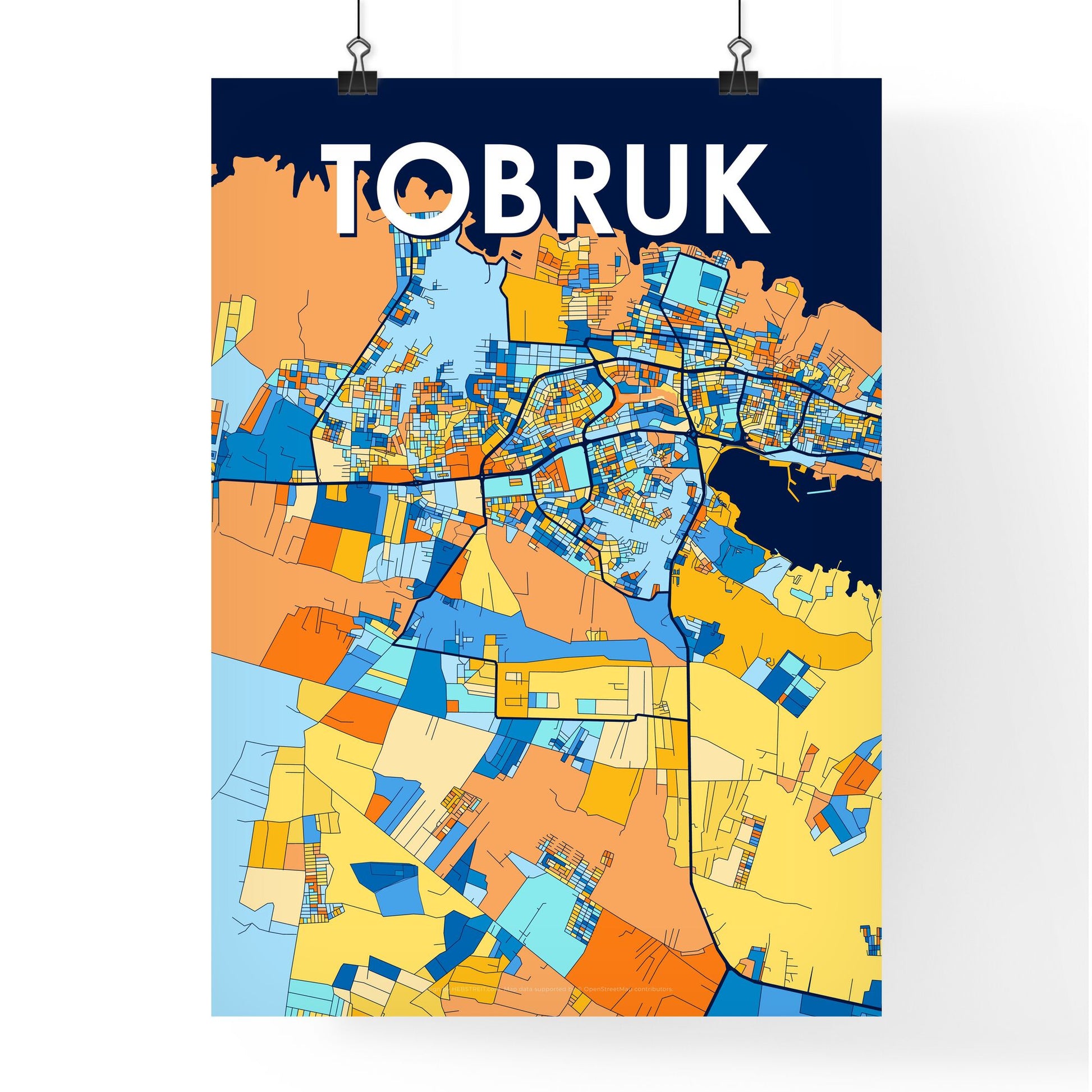 TOBRUK LIBYA Vibrant Colorful Art Map Poster Blue Orange