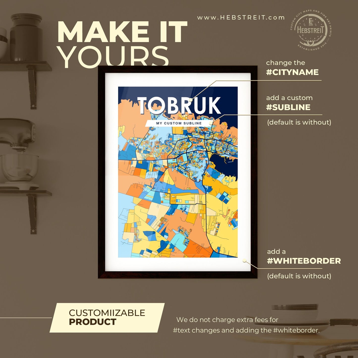 TOBRUK LIBYA Vibrant Colorful Art Map Poster Blue Orange