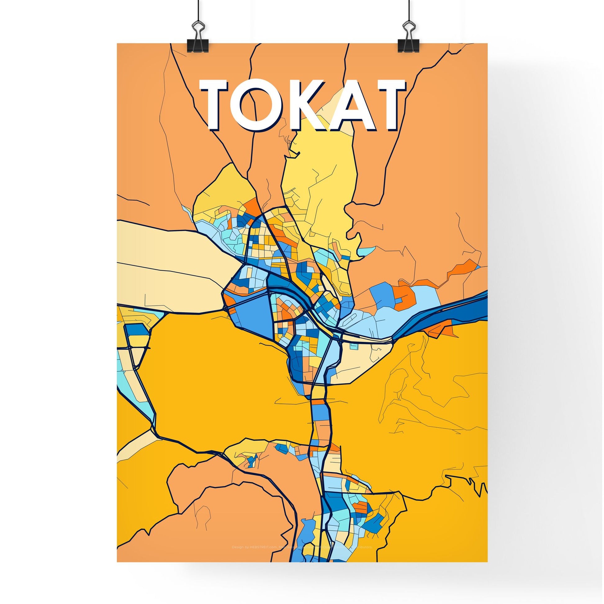 TOKAT TURKEY Vibrant Colorful Art Map Poster Blue Orange