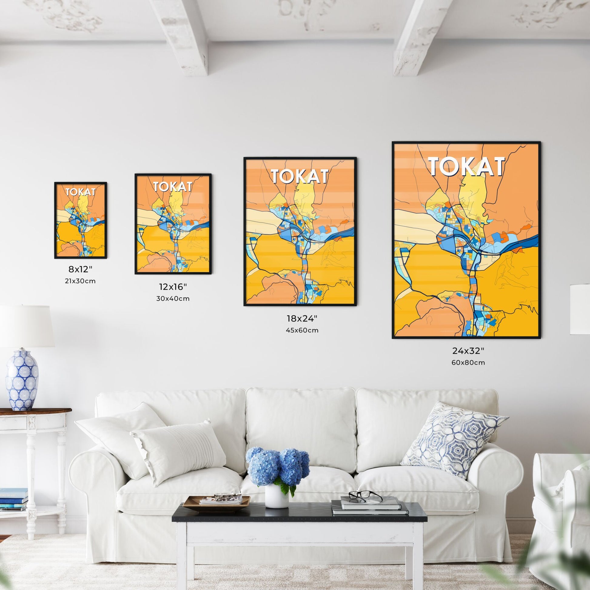 TOKAT TURKEY Vibrant Colorful Art Map Poster Blue Orange