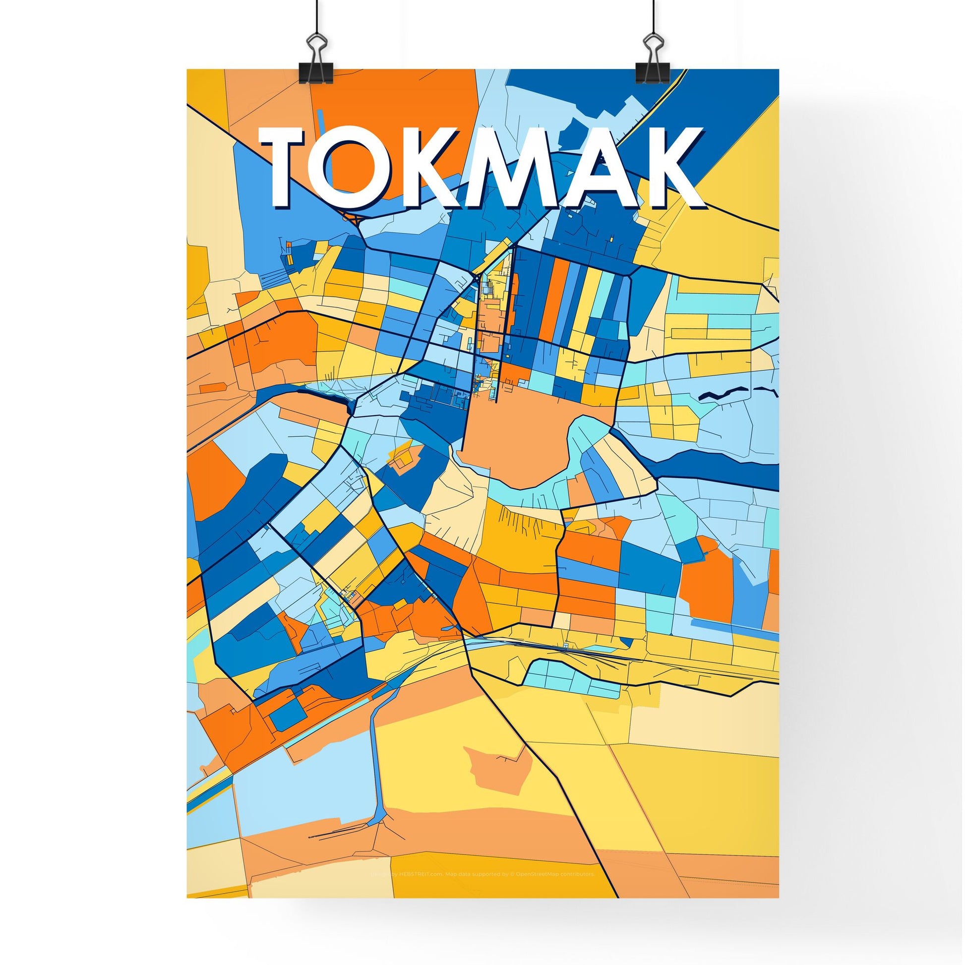 TOKMAK UKRAINE Vibrant Colorful Art Map Poster Blue Orange