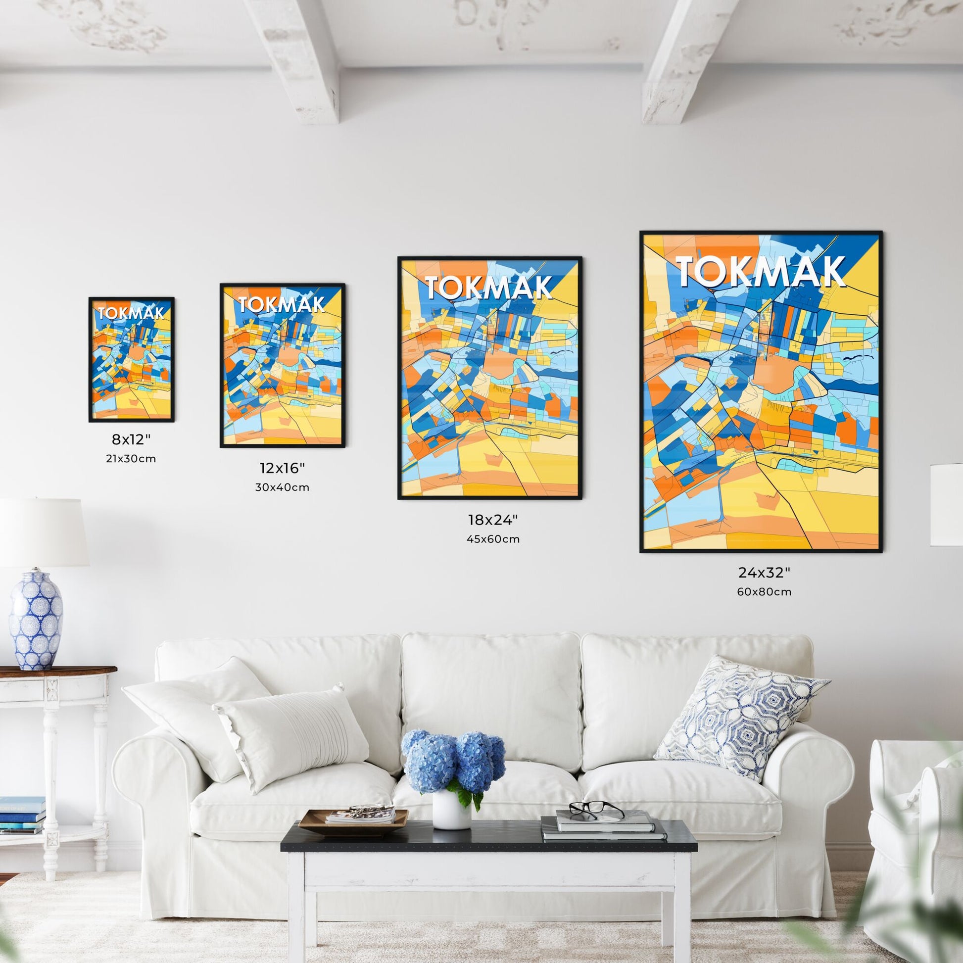 TOKMAK UKRAINE Vibrant Colorful Art Map Poster Blue Orange