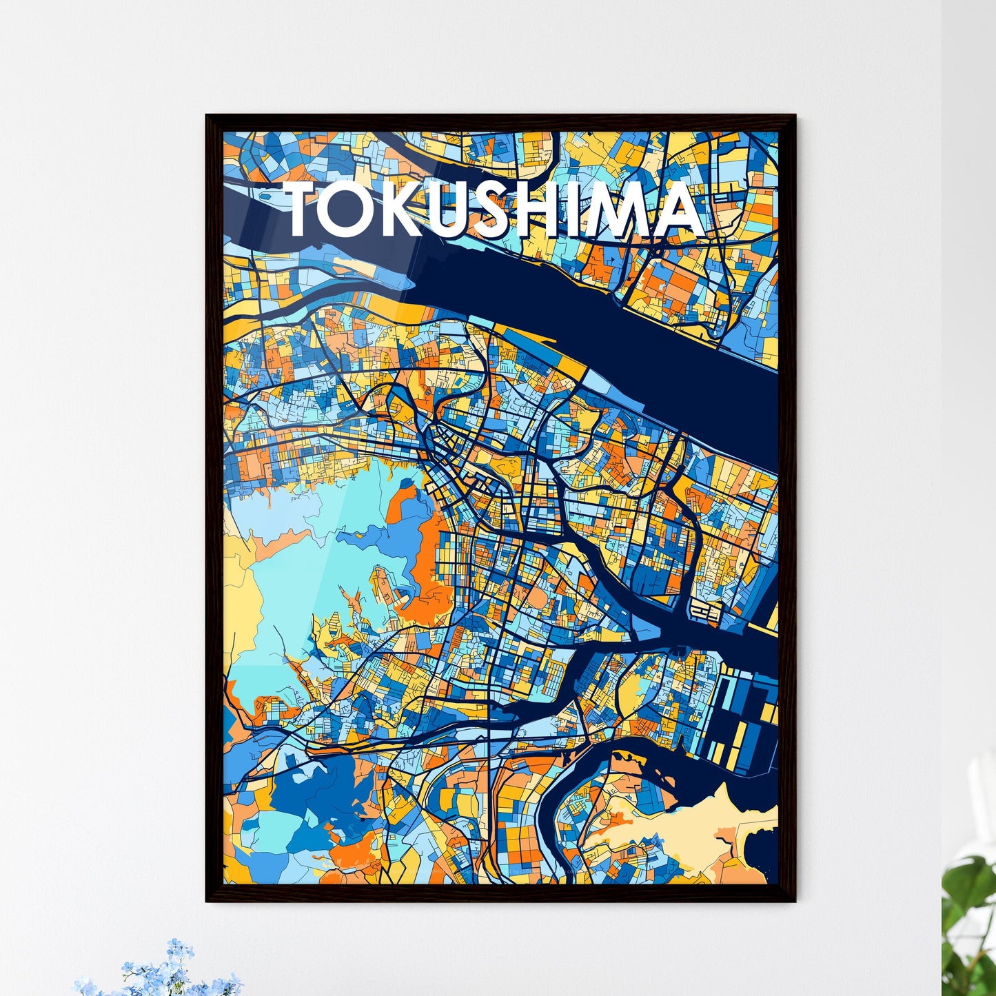 TOKUSHIMA JAPAN Vibrant Colorful Art Map Poster Blue Orange