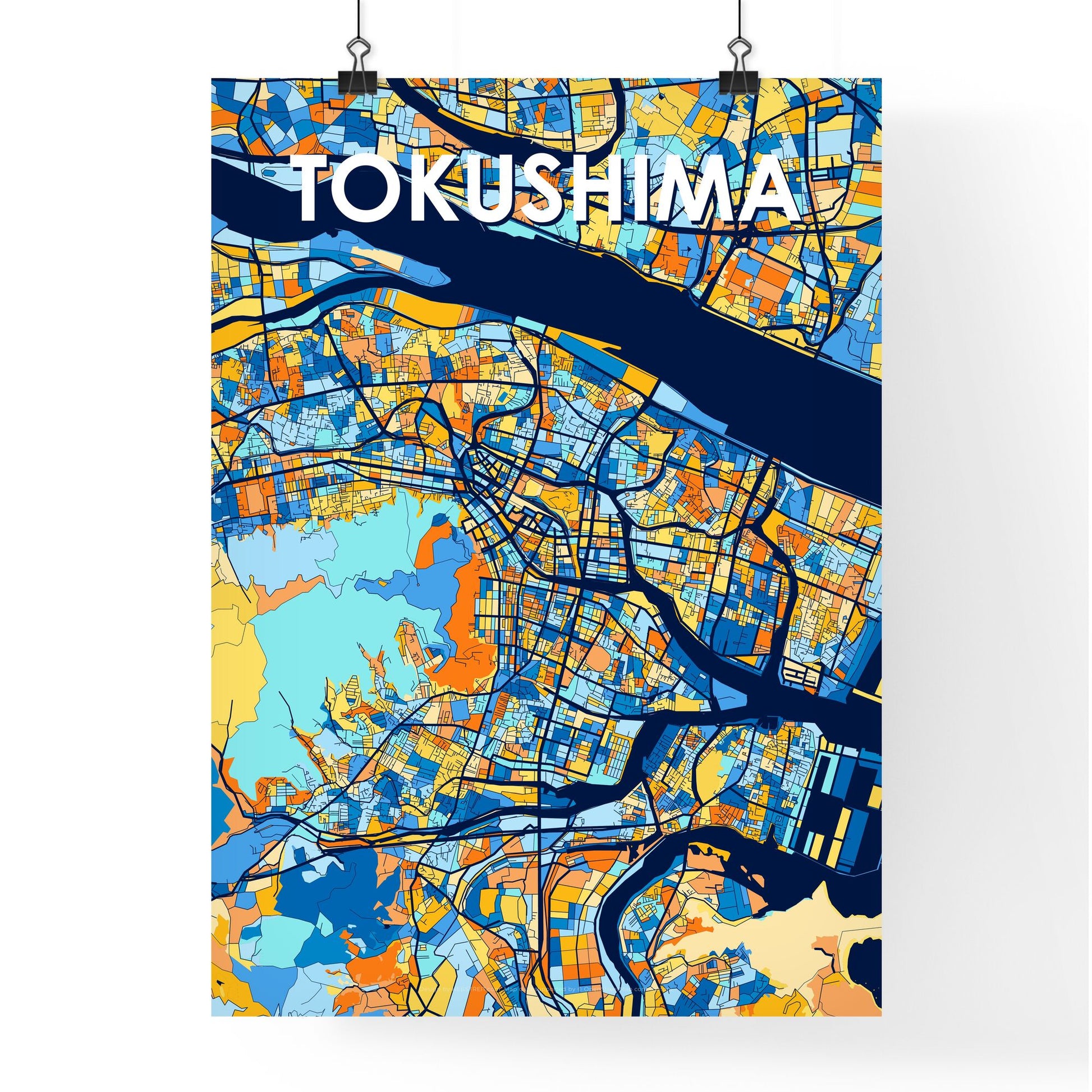 TOKUSHIMA JAPAN Vibrant Colorful Art Map Poster Blue Orange