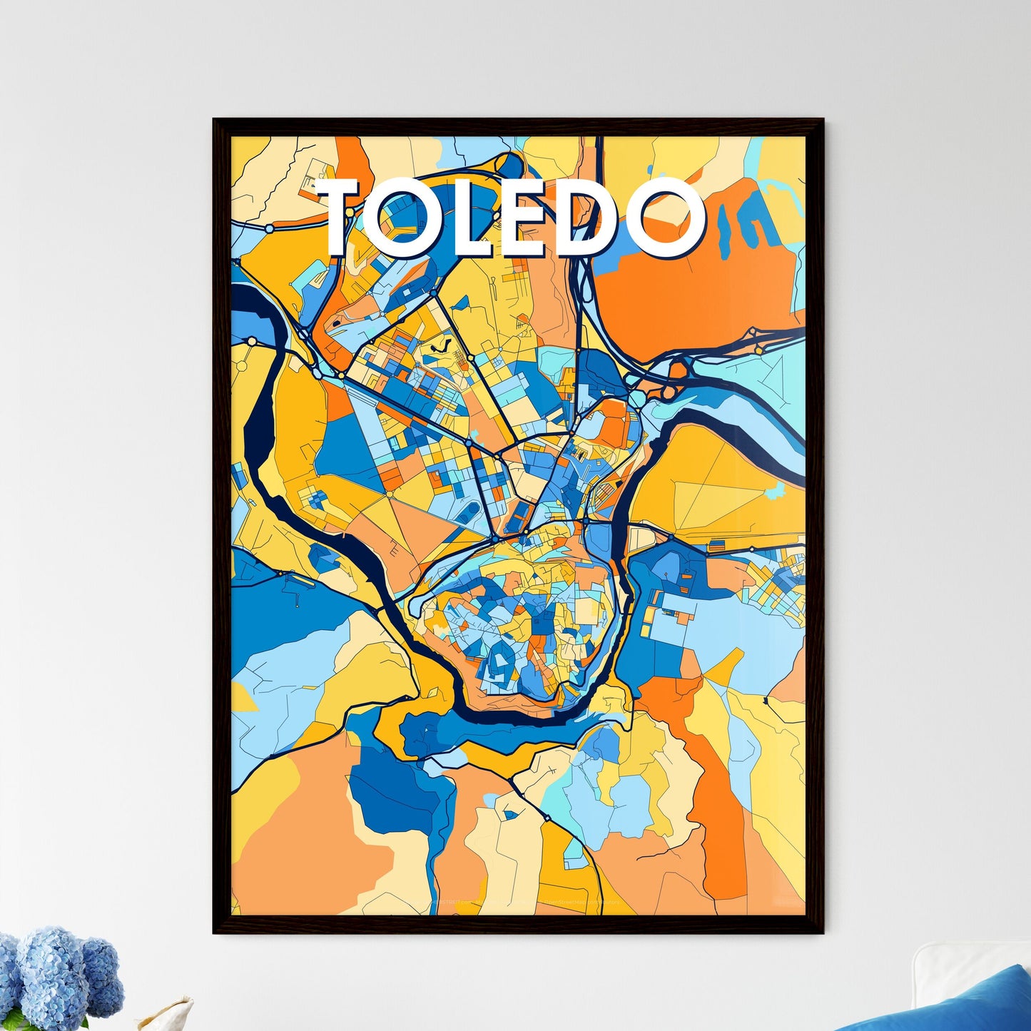 TOLEDO SPAIN Vibrant Colorful Art Map Poster Blue Orange