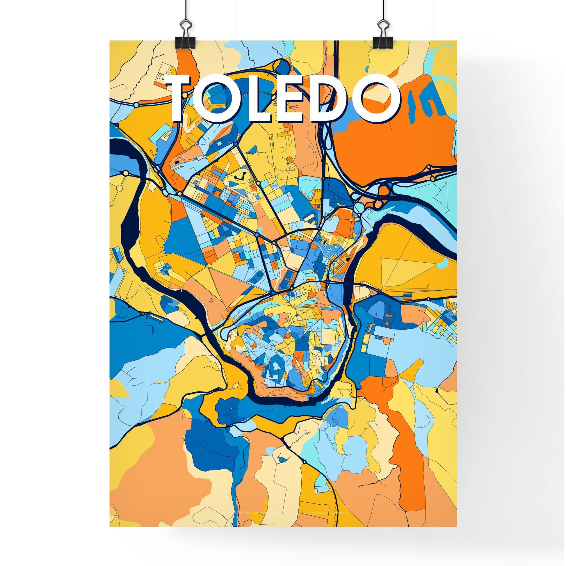 TOLEDO SPAIN Vibrant Colorful Art Map Poster Blue Orange