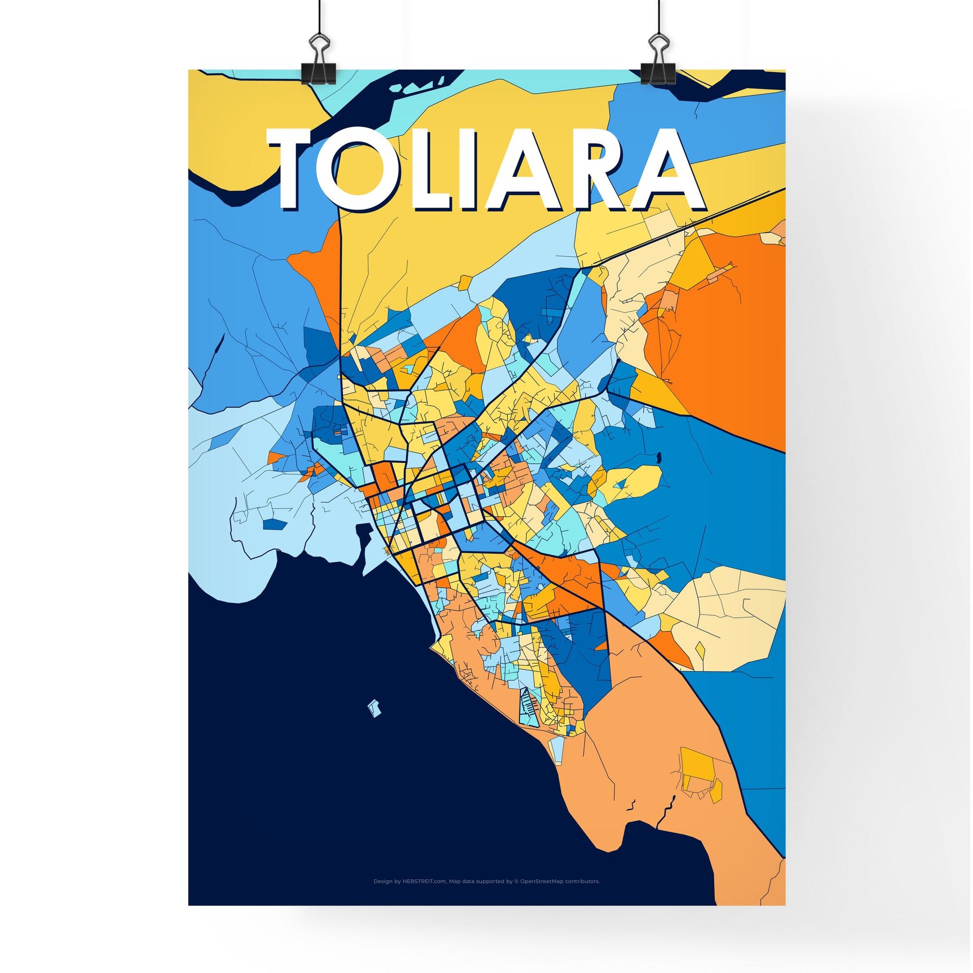 TOLIARA MADAGASCAR Vibrant Colorful Art Map Poster Blue Orange