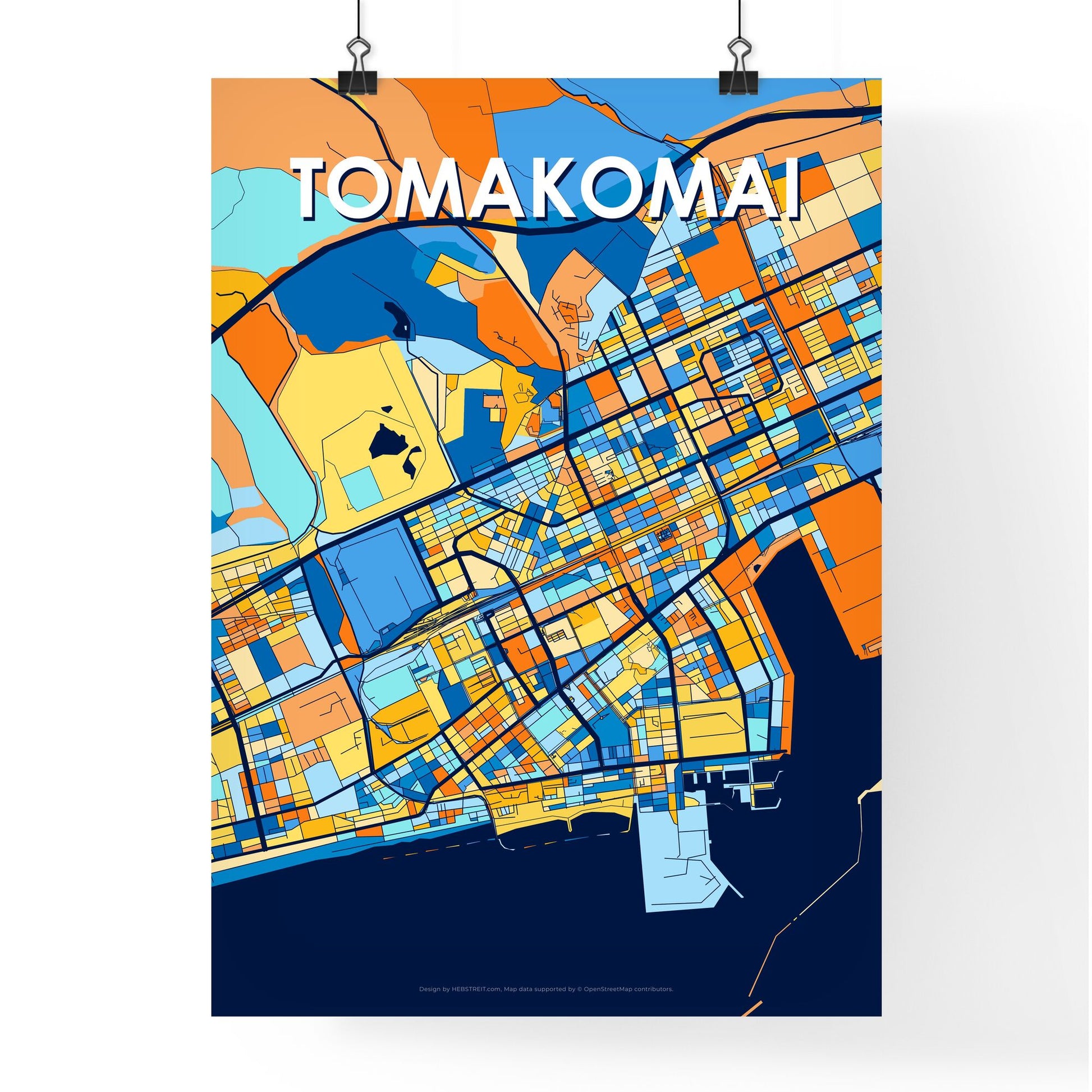 TOMAKOMAI JAPAN Vibrant Colorful Art Map Poster Blue Orange