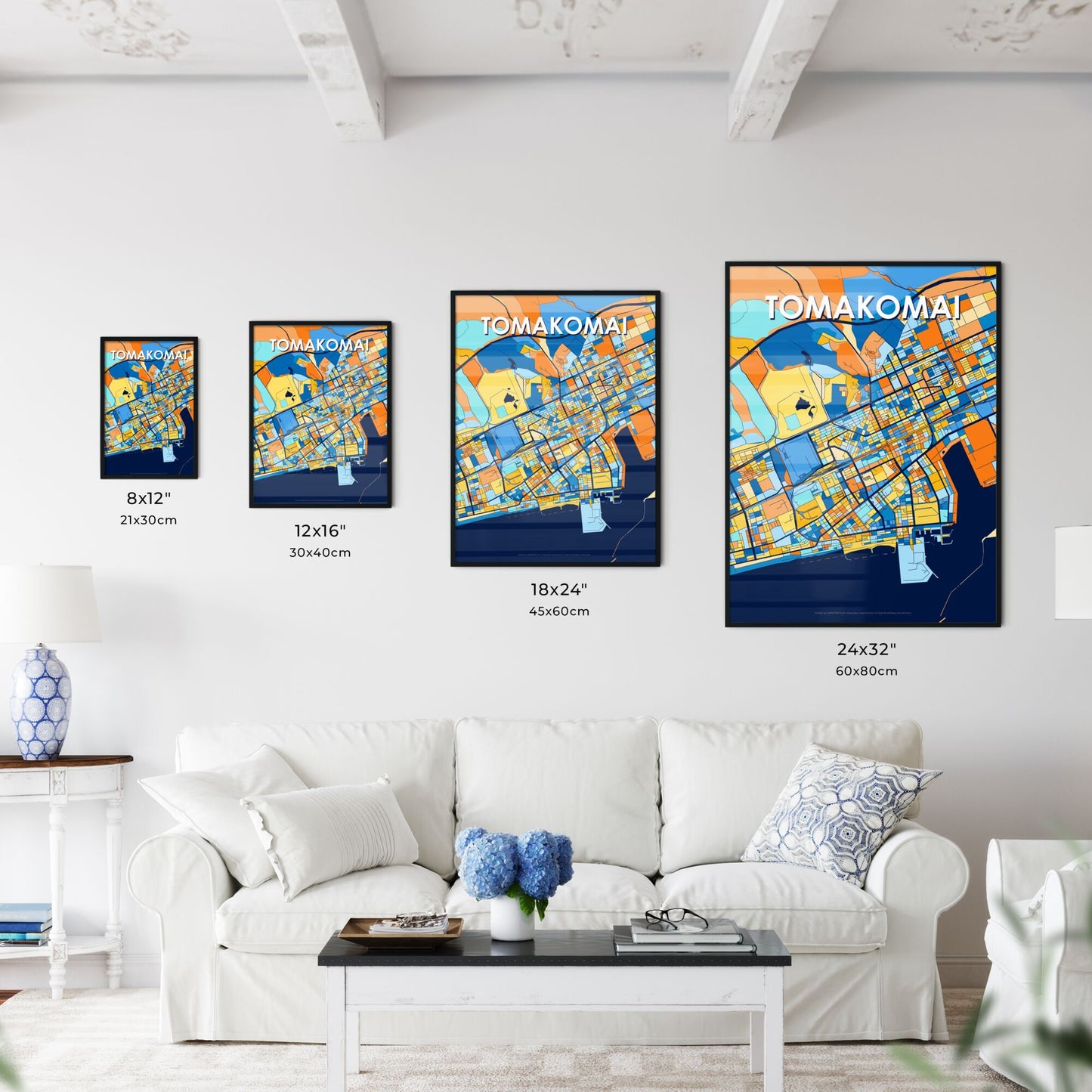 TOMAKOMAI JAPAN Vibrant Colorful Art Map Poster Blue Orange