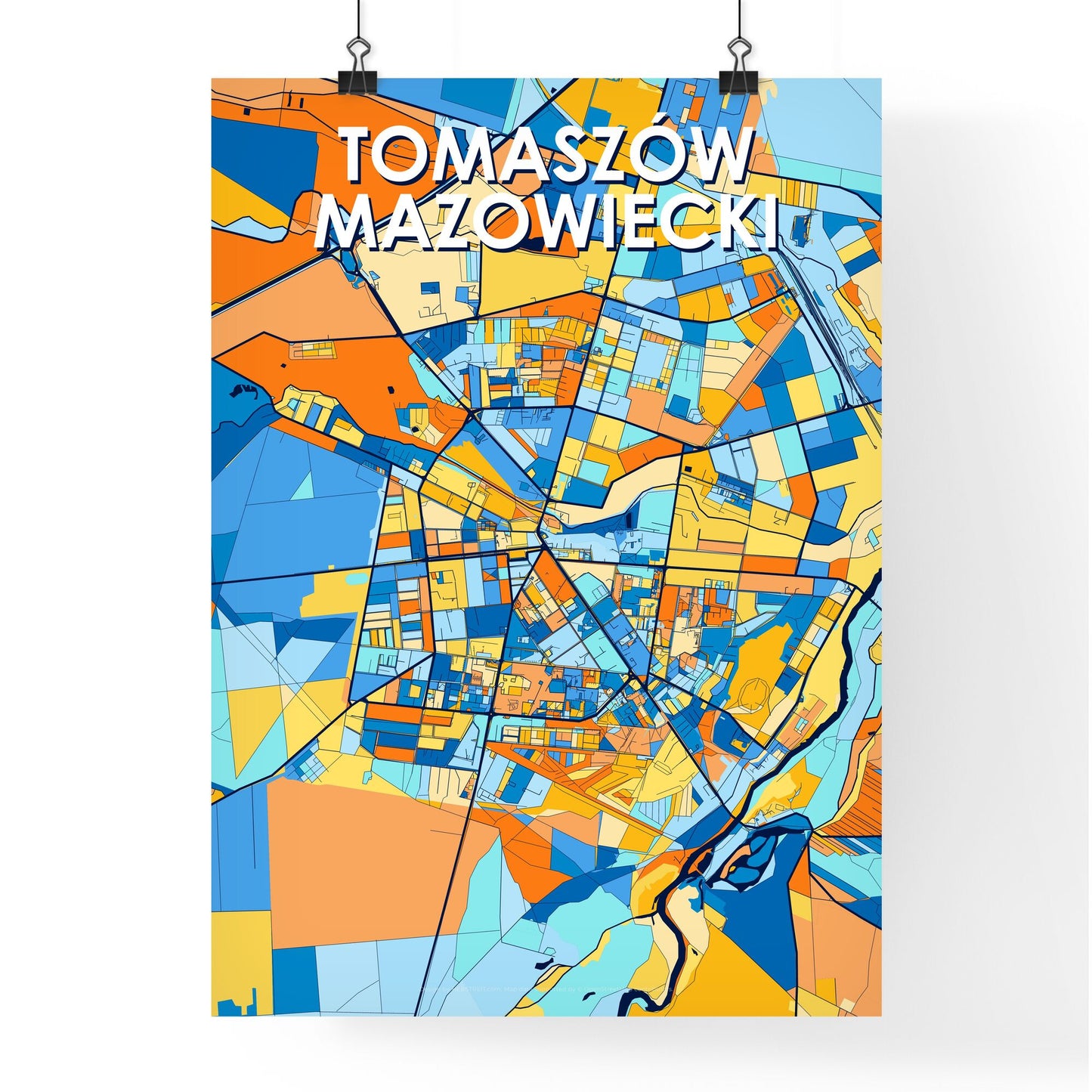 TOMASZÓW MAZOWIECKI POLAND Vibrant Colorful Art Map Poster Blue Orange