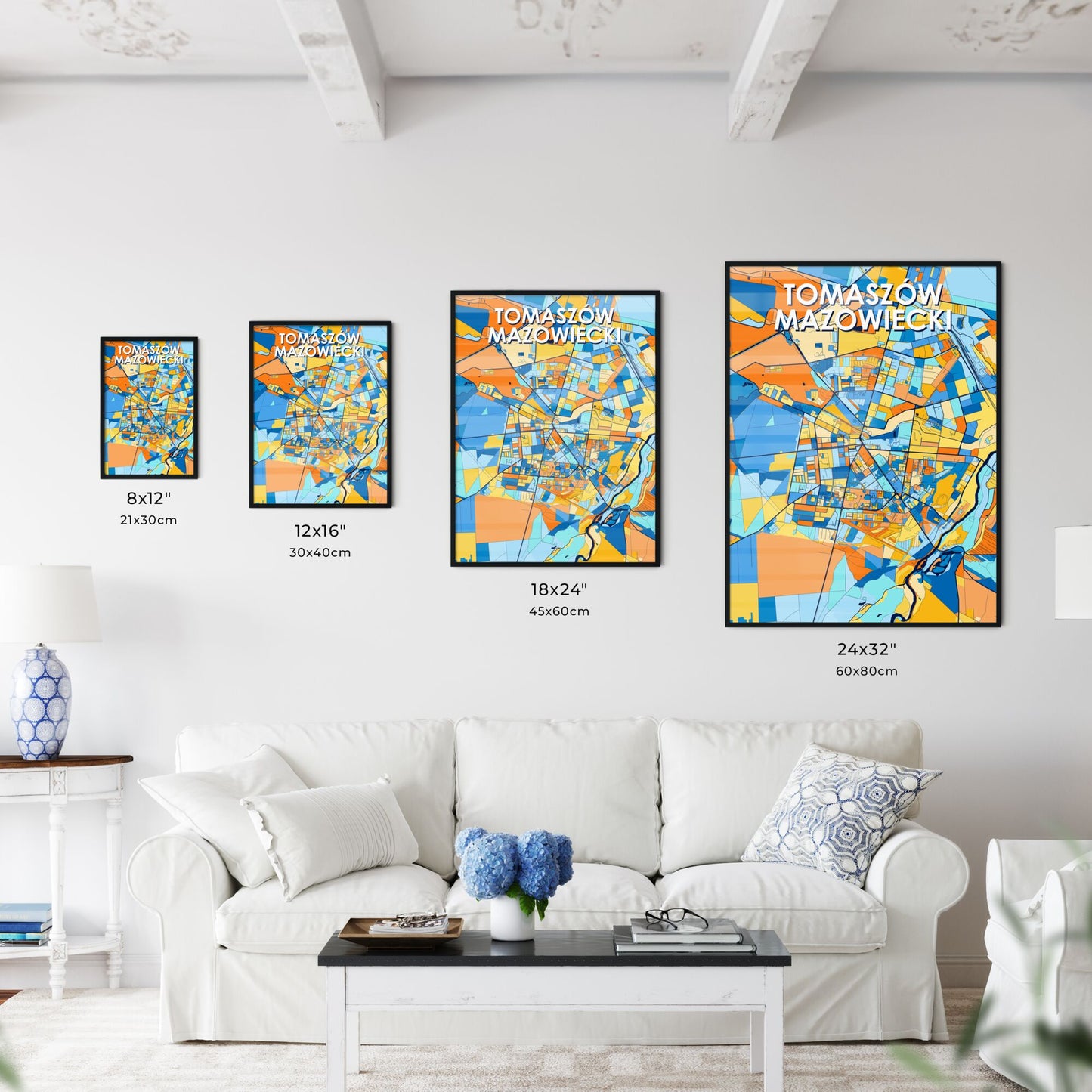 TOMASZÓW MAZOWIECKI POLAND Vibrant Colorful Art Map Poster Blue Orange