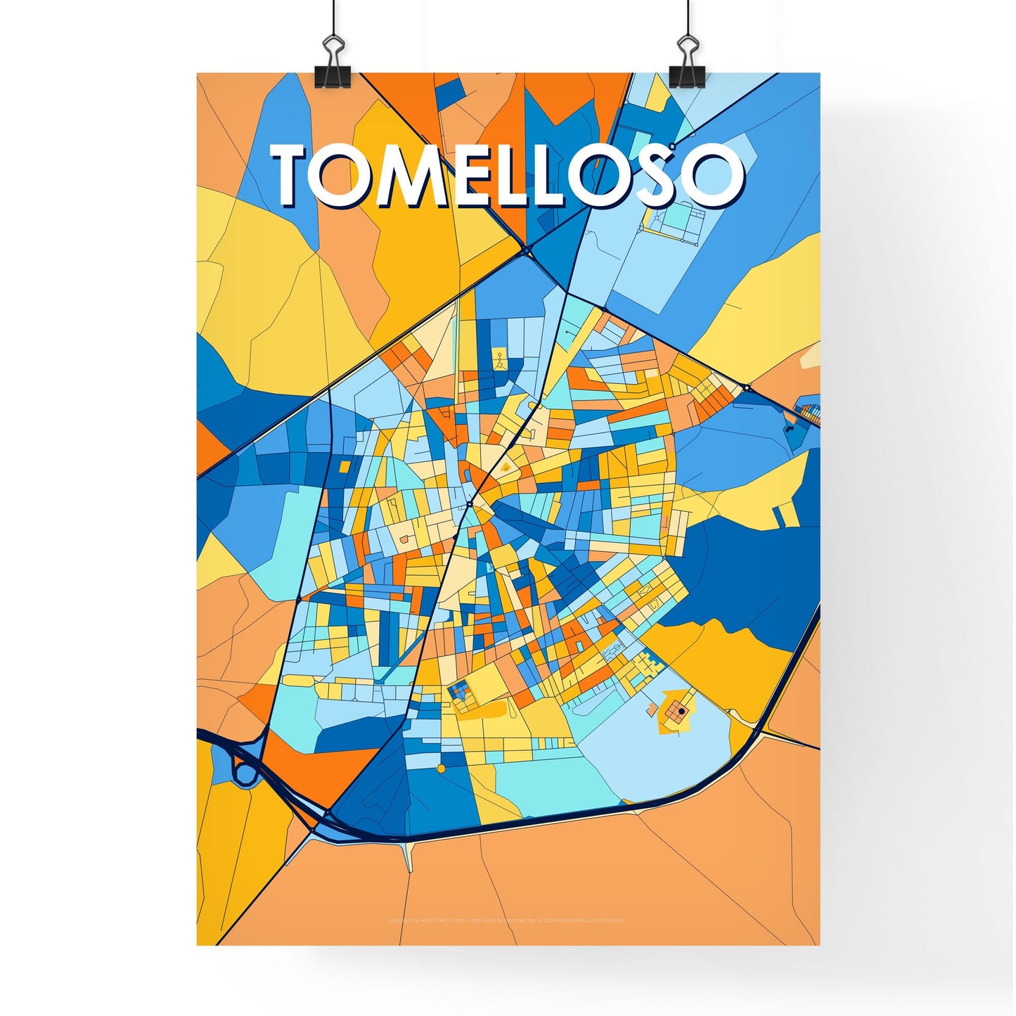 TOMELLOSO SPAIN Vibrant Colorful Art Map Poster Blue Orange