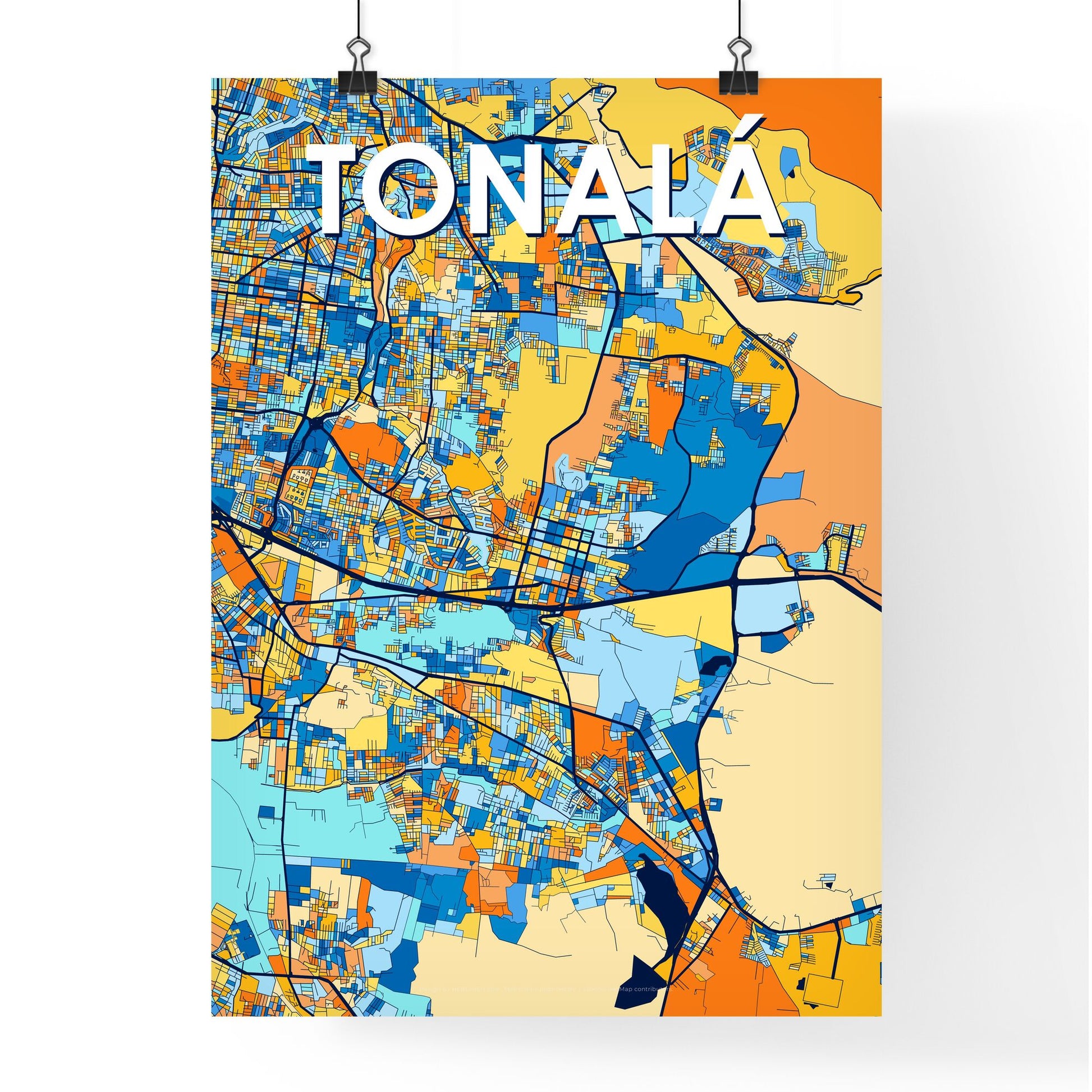 TONALÁ MEXICO Vibrant Colorful Art Map Poster Blue Orange