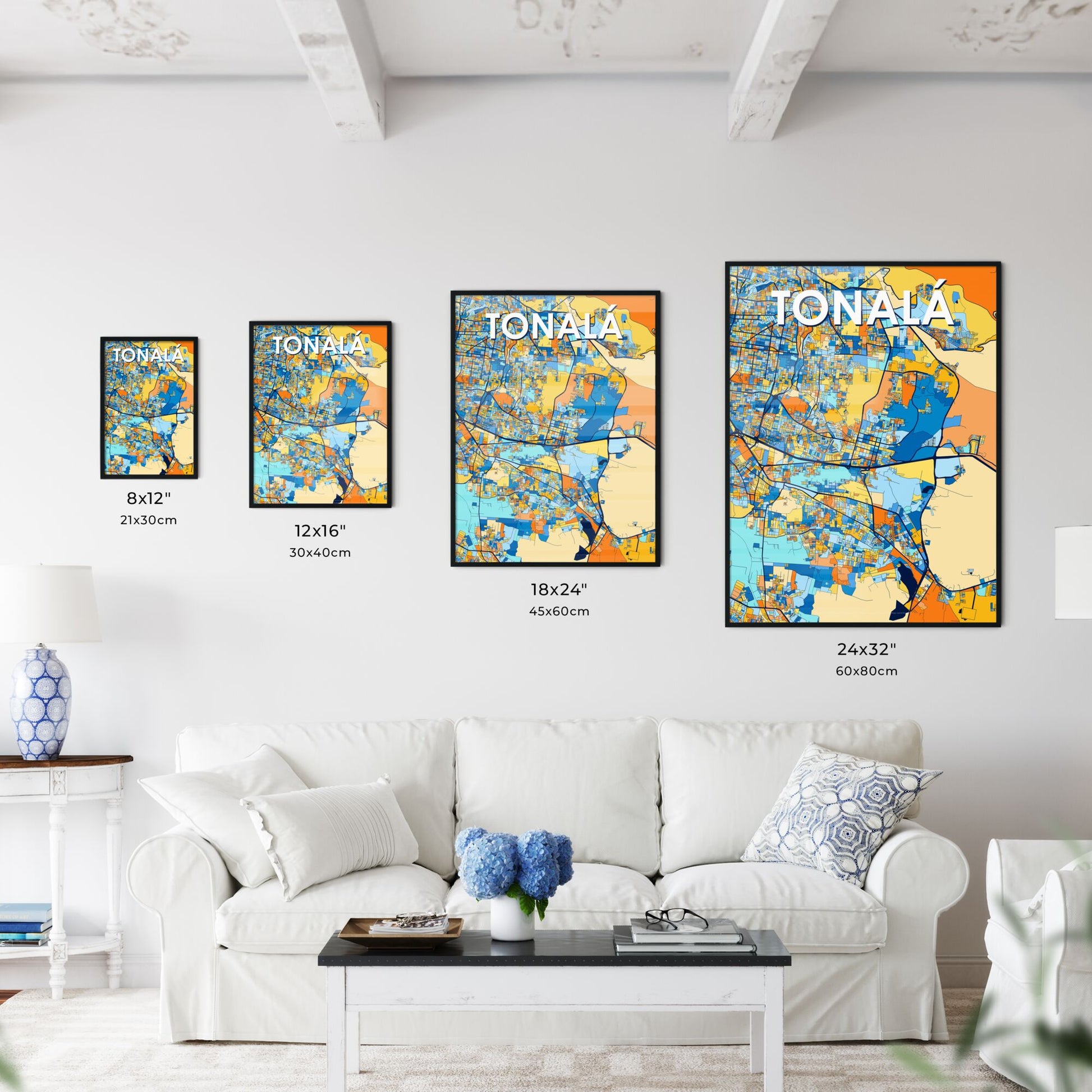 TONALÁ MEXICO Vibrant Colorful Art Map Poster Blue Orange