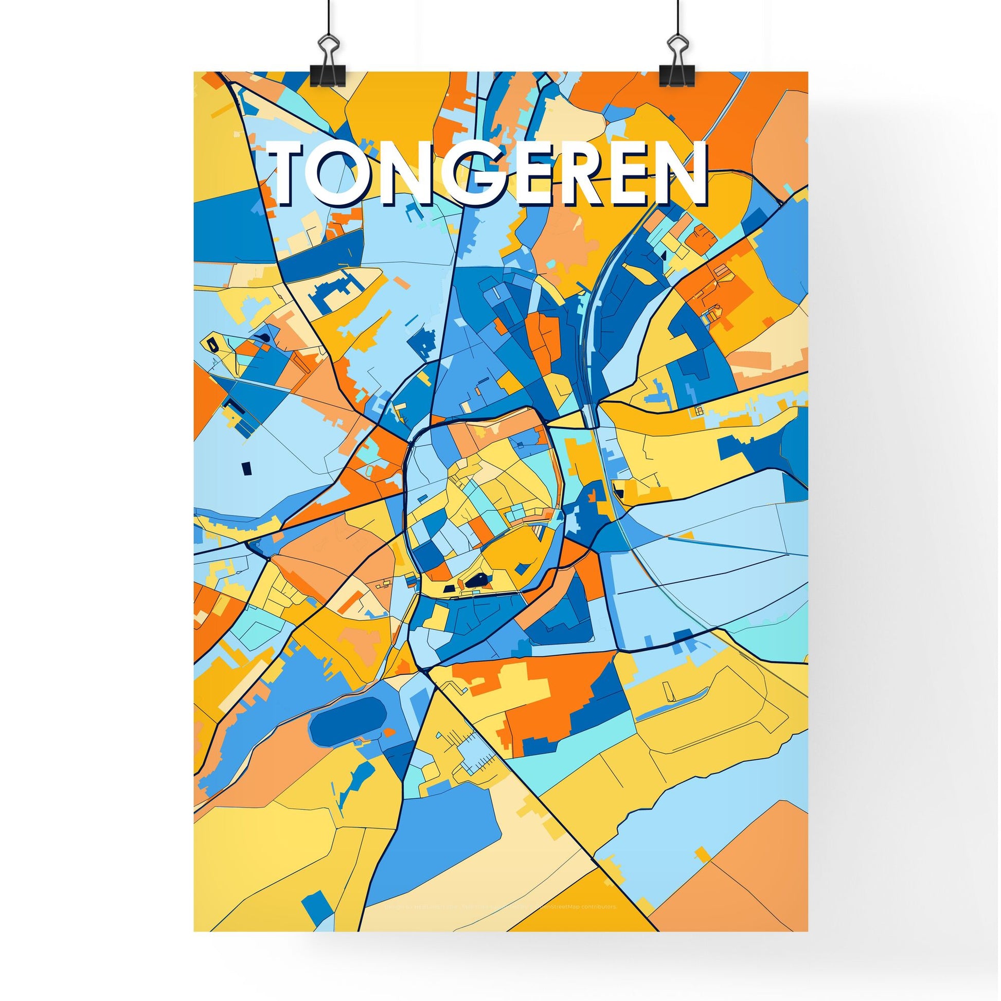 TONGEREN BELGIUM Vibrant Colorful Art Map Poster Blue Orange