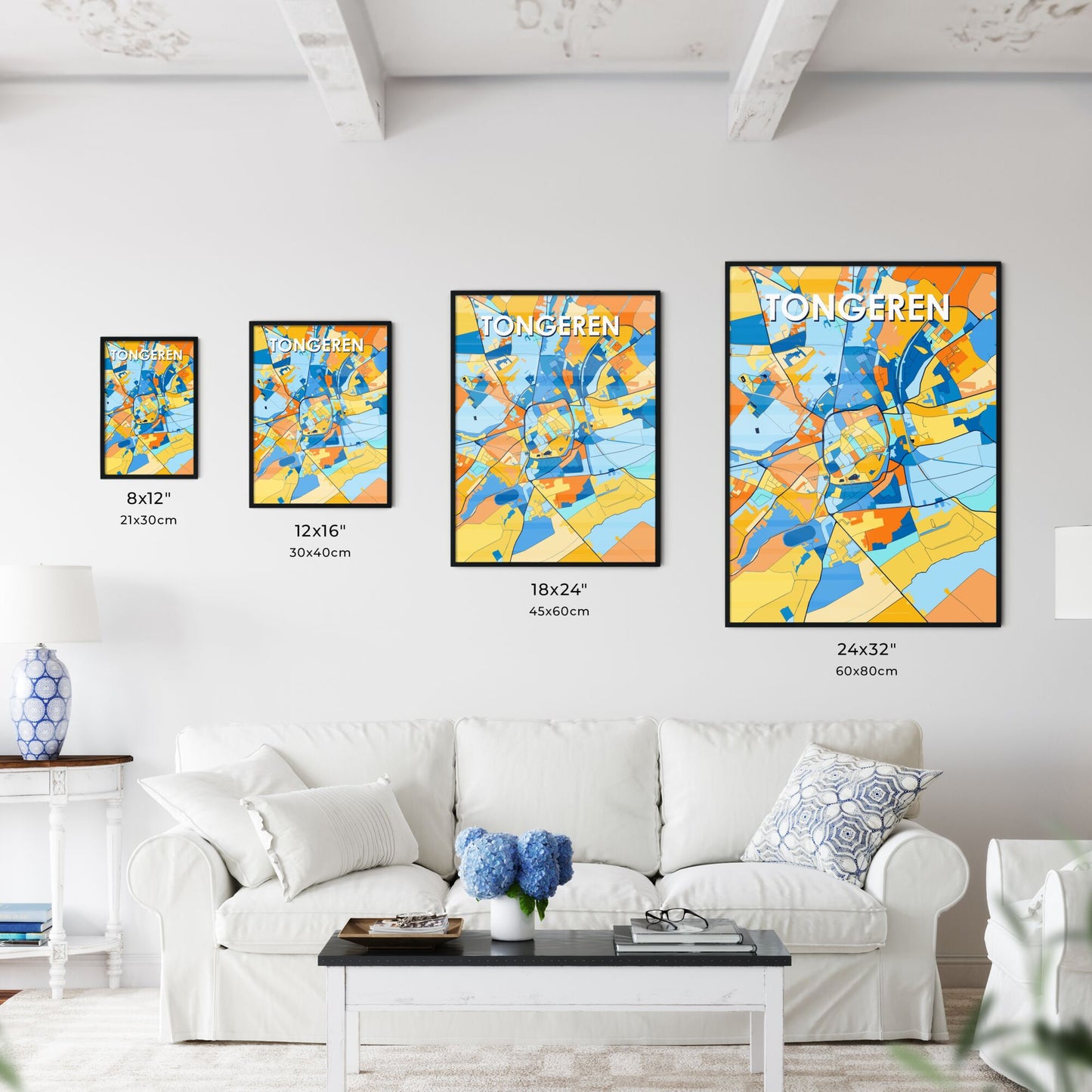 TONGEREN BELGIUM Vibrant Colorful Art Map Poster Blue Orange