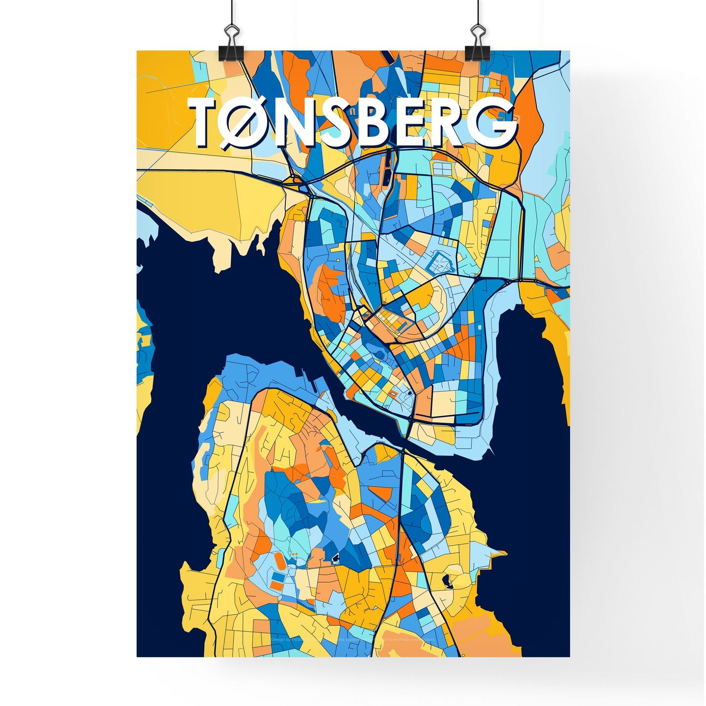 TØNSBERG NORWAY Vibrant Colorful Art Map Poster Blue Orange