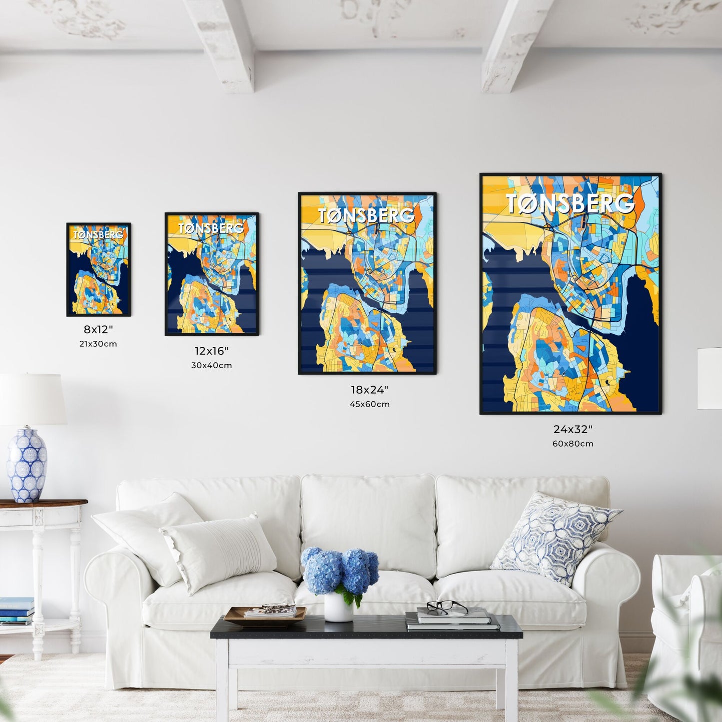 TØNSBERG NORWAY Vibrant Colorful Art Map Poster Blue Orange