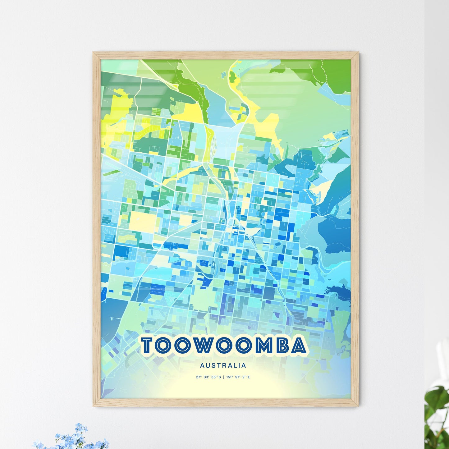 Colorful Toowoomba Australia Fine Art Map Cool Blue