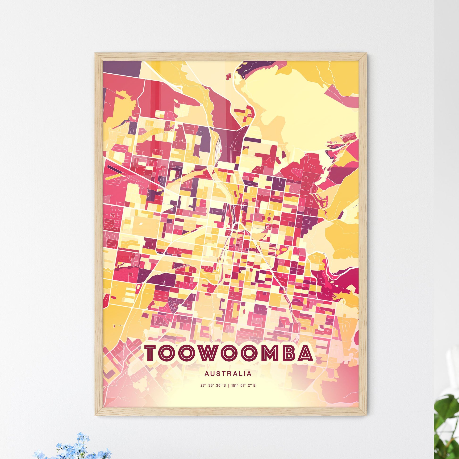 Colorful Toowoomba Australia Fine Art Map Hot Red
