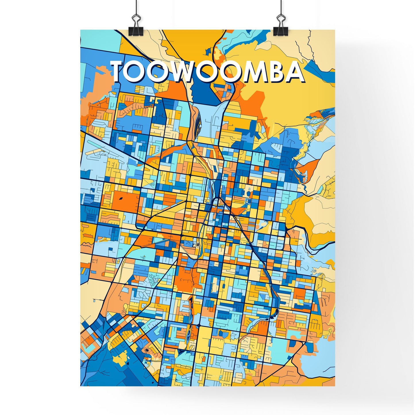 TOOWOOMBA AUSTRALIA Vibrant Colorful Art Map Poster Blue Orange