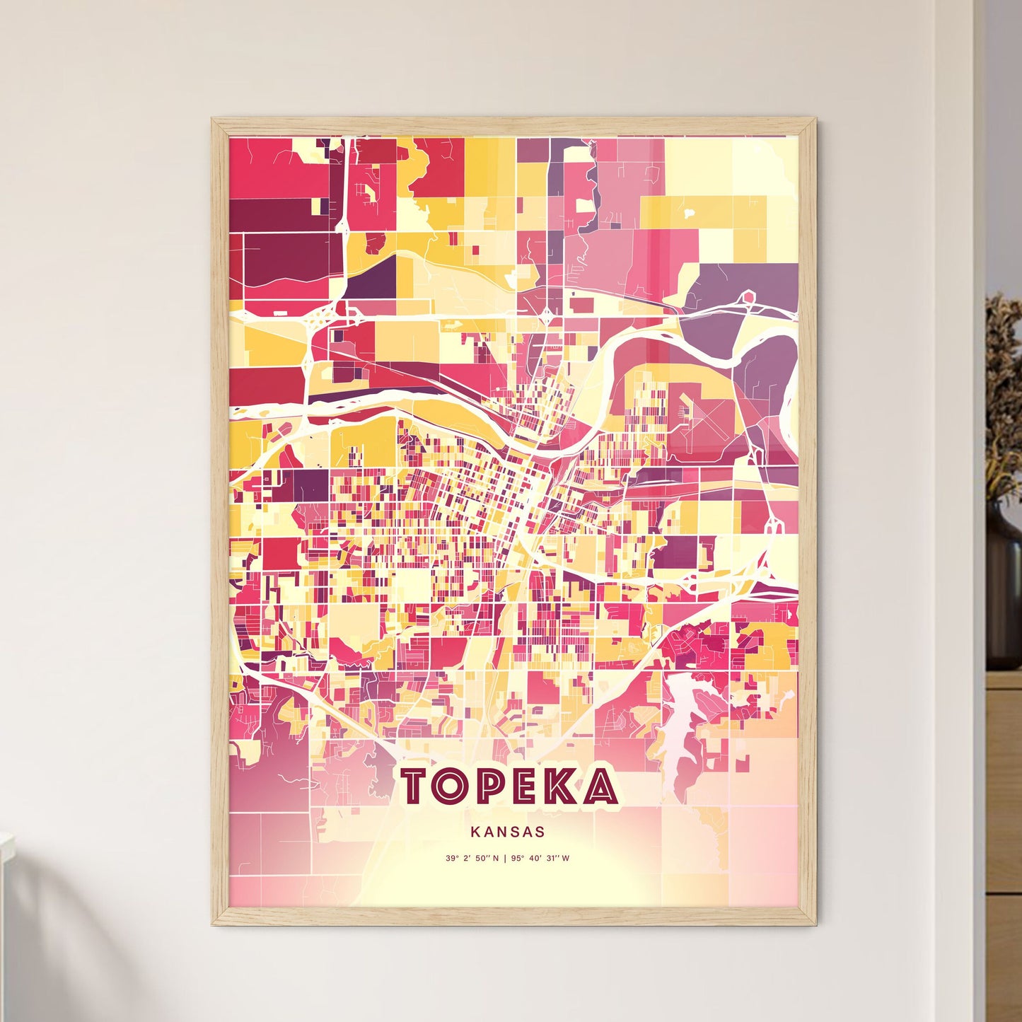 Colorful Topeka Kansas Fine Art Map Hot Red