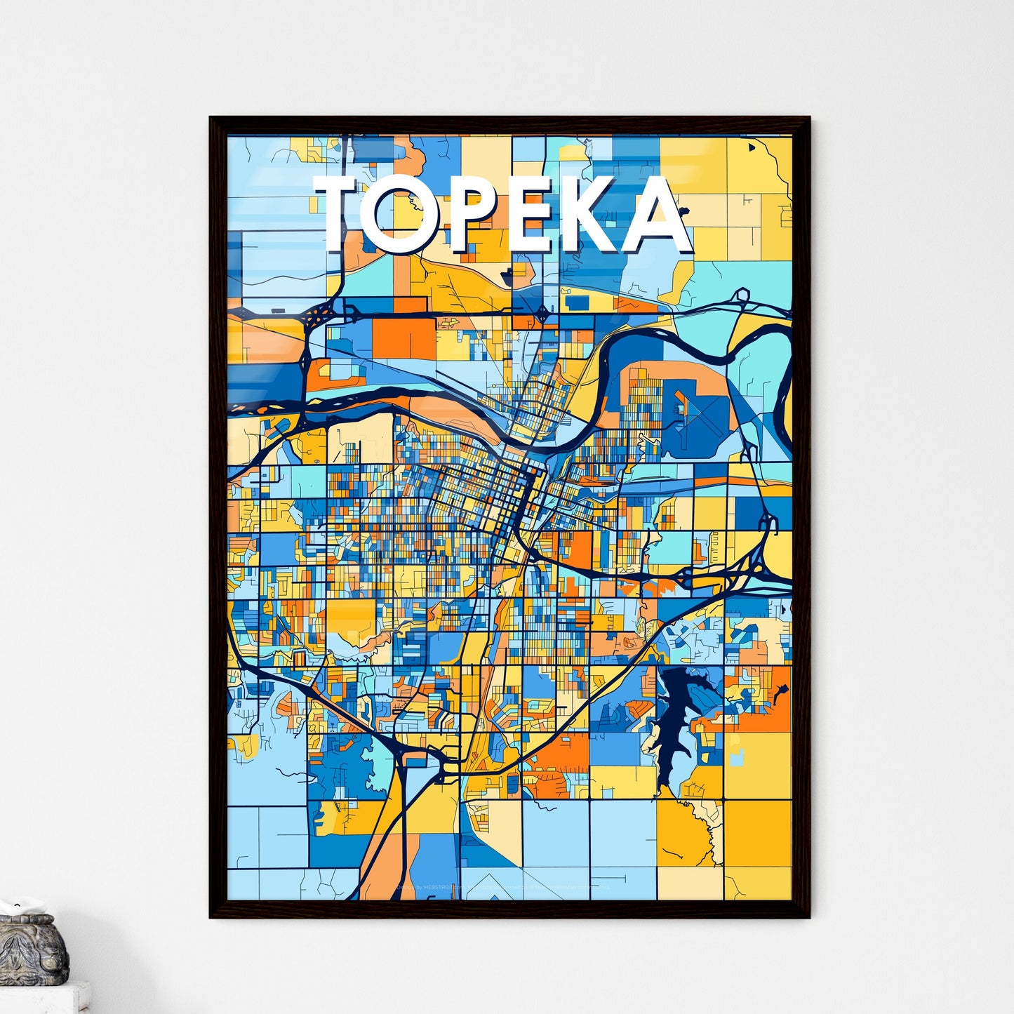 TOPEKA KANSAS Vibrant Colorful Art Map Poster Blue Orange