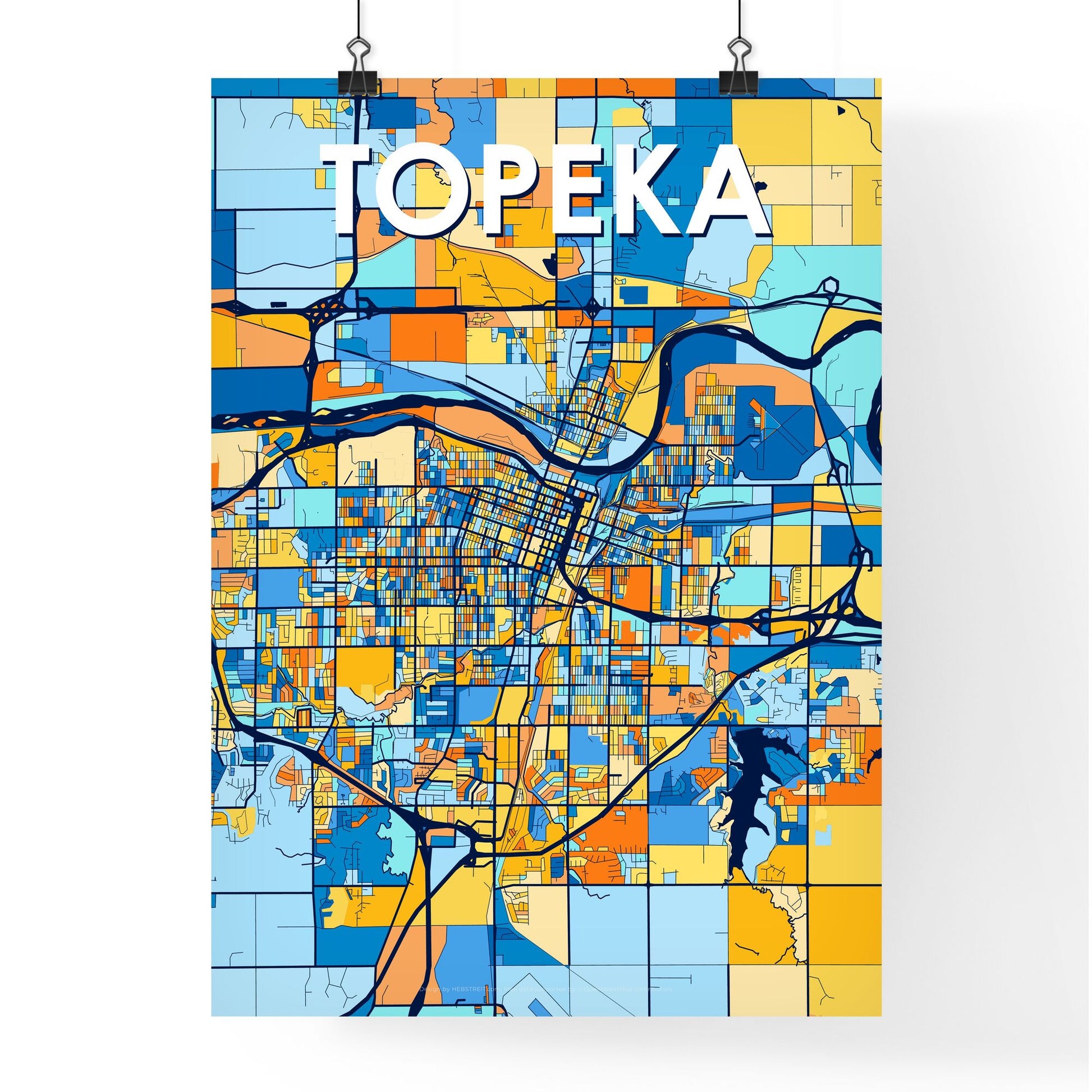 TOPEKA KANSAS Vibrant Colorful Art Map Poster Blue Orange