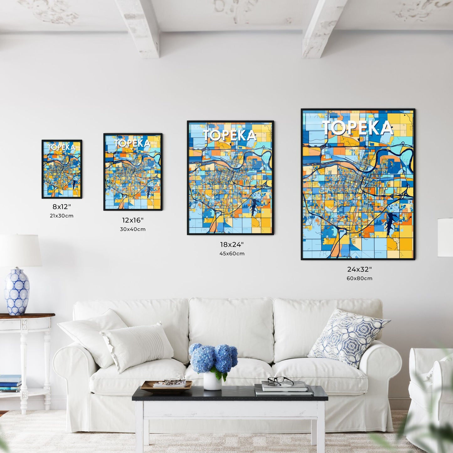 TOPEKA KANSAS Vibrant Colorful Art Map Poster Blue Orange