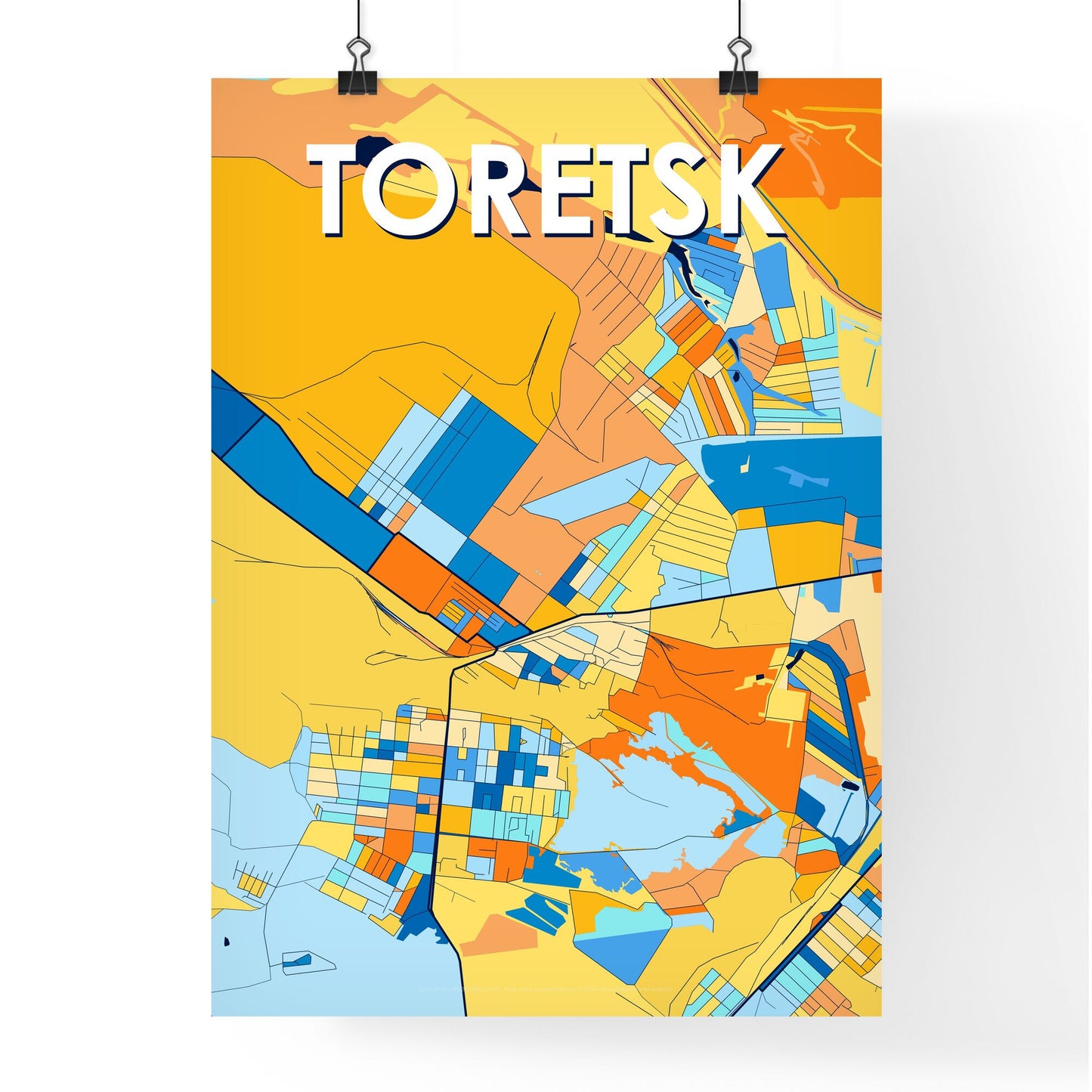 TORETSK UKRAINE Vibrant Colorful Art Map Poster Blue Orange