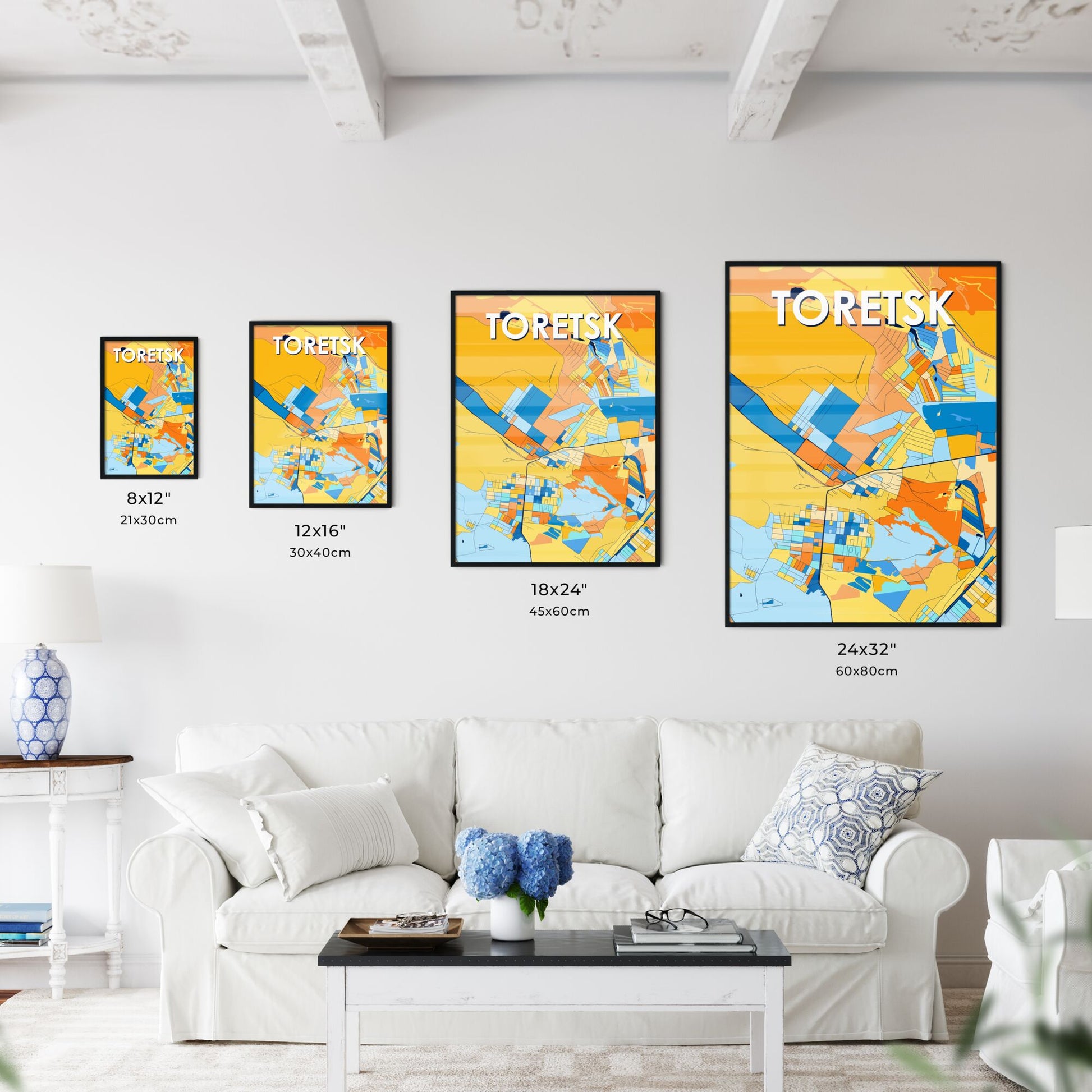 TORETSK UKRAINE Vibrant Colorful Art Map Poster Blue Orange